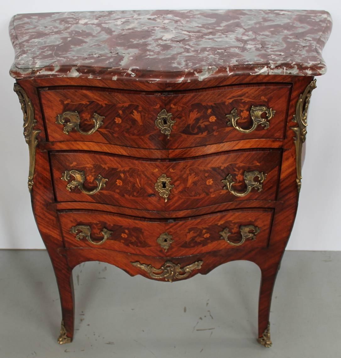 Bronze Louis XV Style Marquetry Inlaid Petite Commode, Late 19th-Early 20th Century For Sale