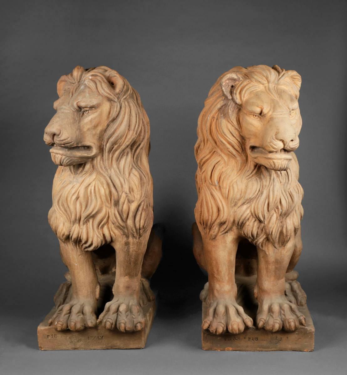 Each seated on a squared plinth with paws resting over edges of the plinths, one looking to right, the other looking to left.
Stamped Impruneta Italy and no. 18.
Likely dating to first half of the 20th century.