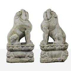 Pair of Chinese Carved Marble Winged Foo Dogs