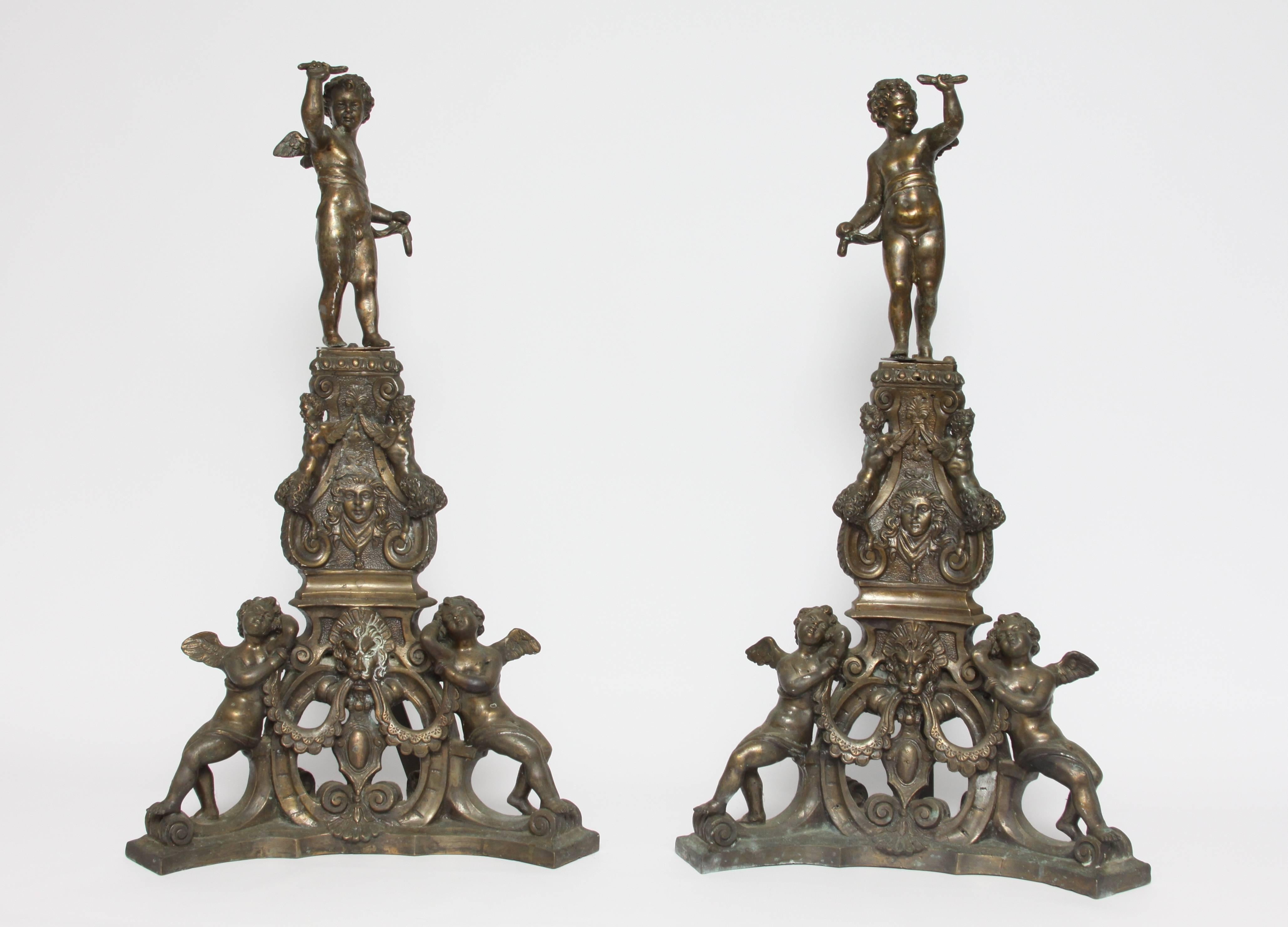 Pair of Baroque Style Bronze Andirons In Good Condition For Sale In Cleveland, OH