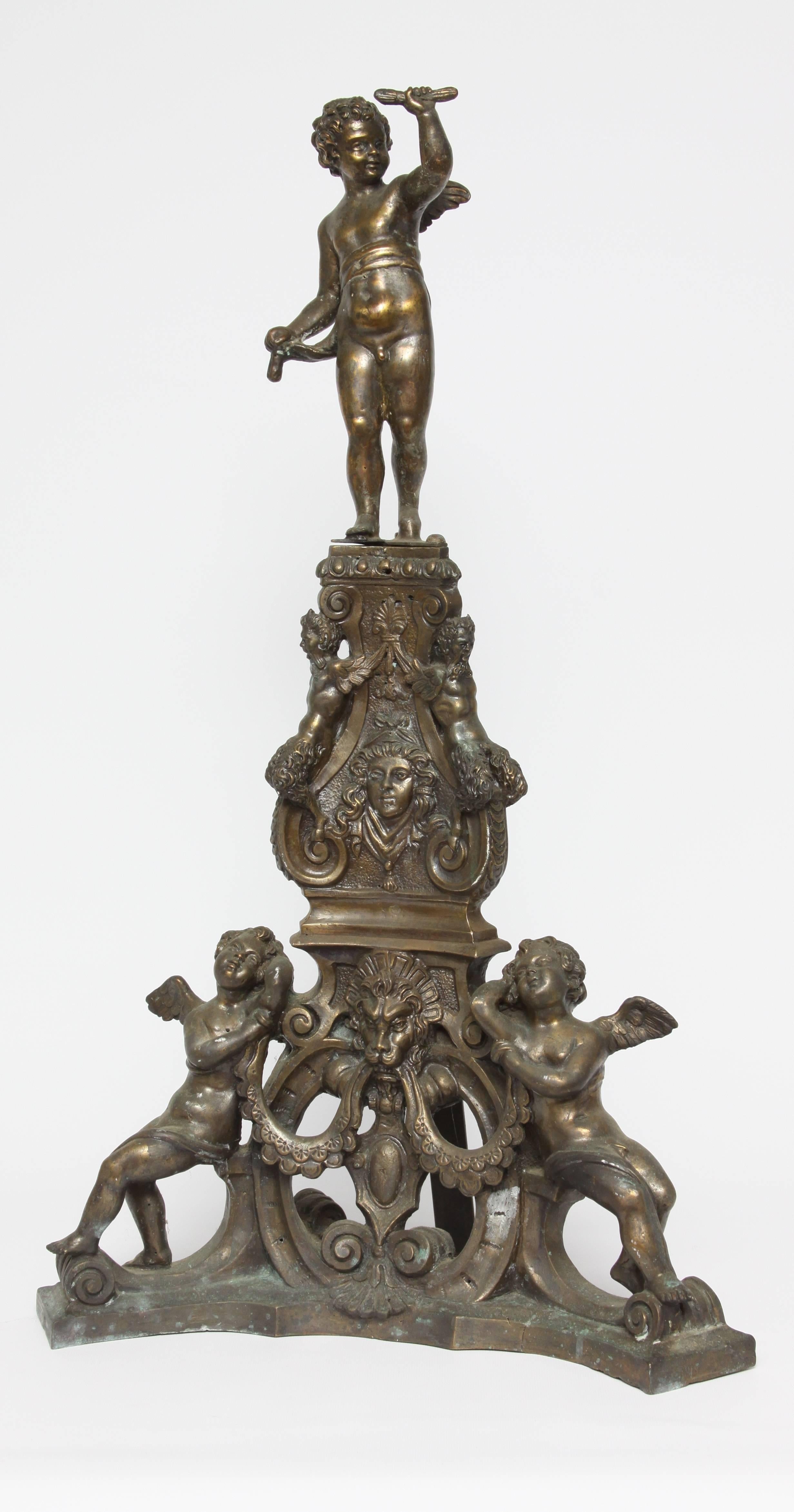 European Pair of Baroque Style Bronze Andirons For Sale