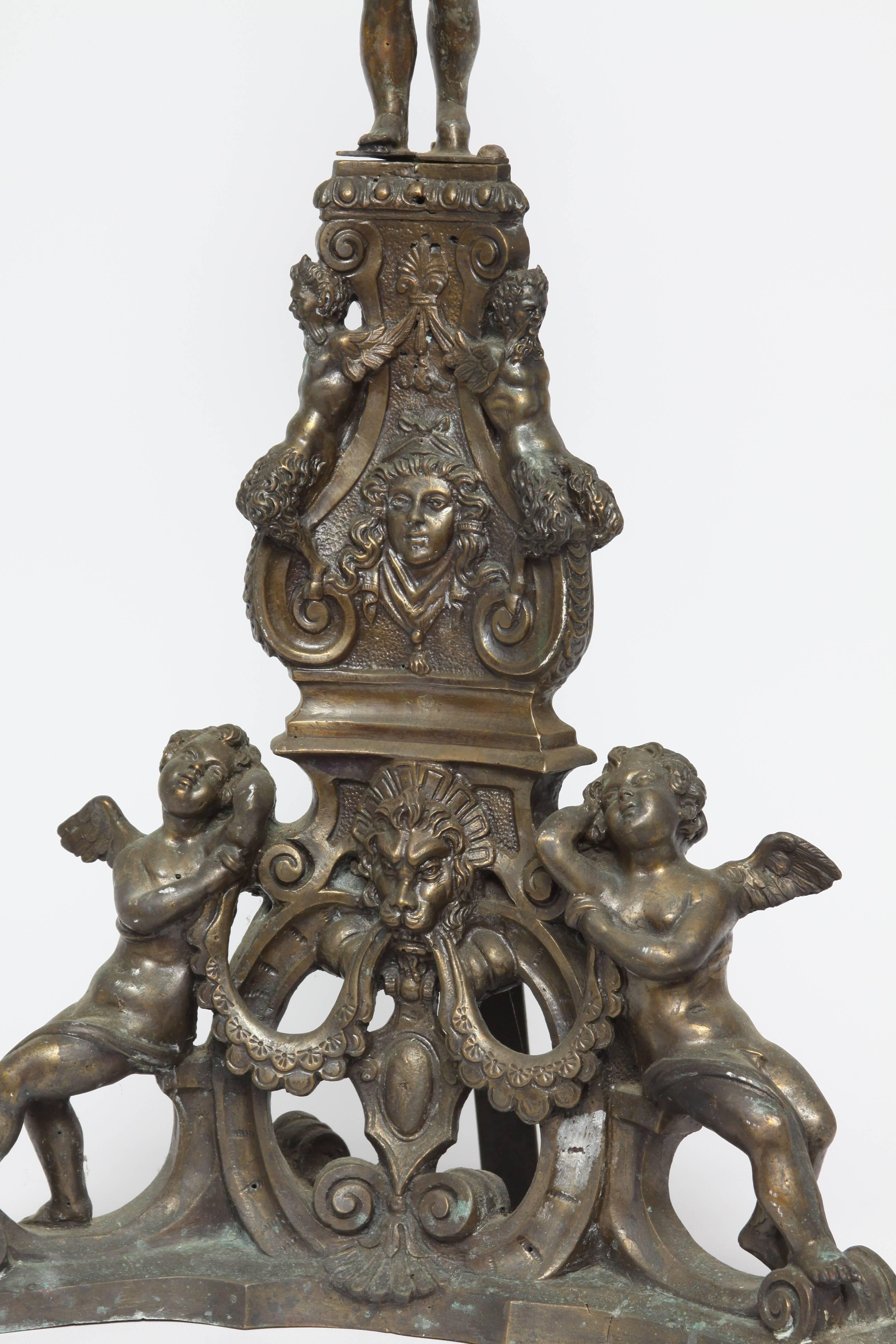 Pair of Baroque Style Bronze Andirons For Sale 2