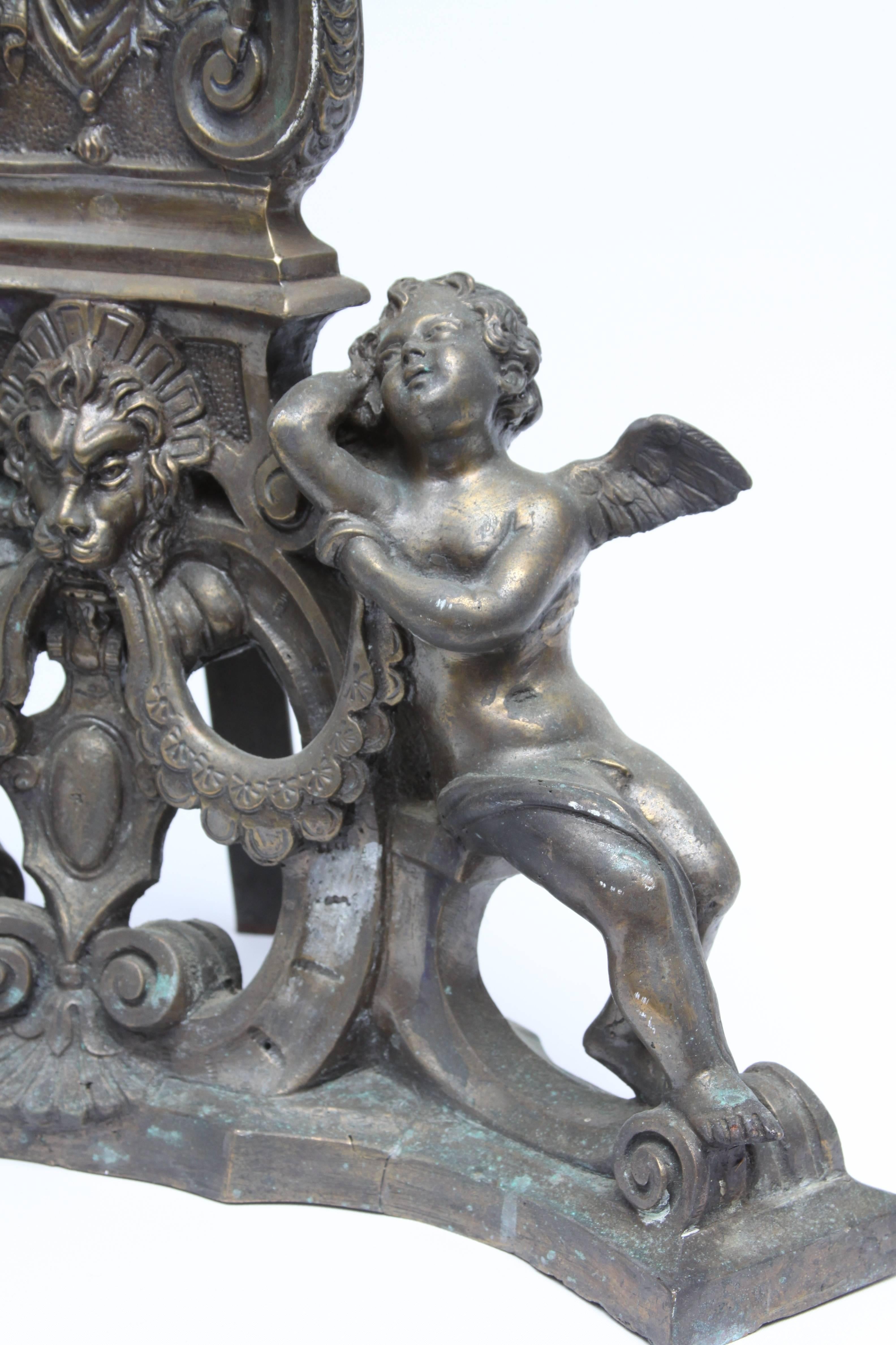 19th Century Pair of Baroque Style Bronze Andirons For Sale
