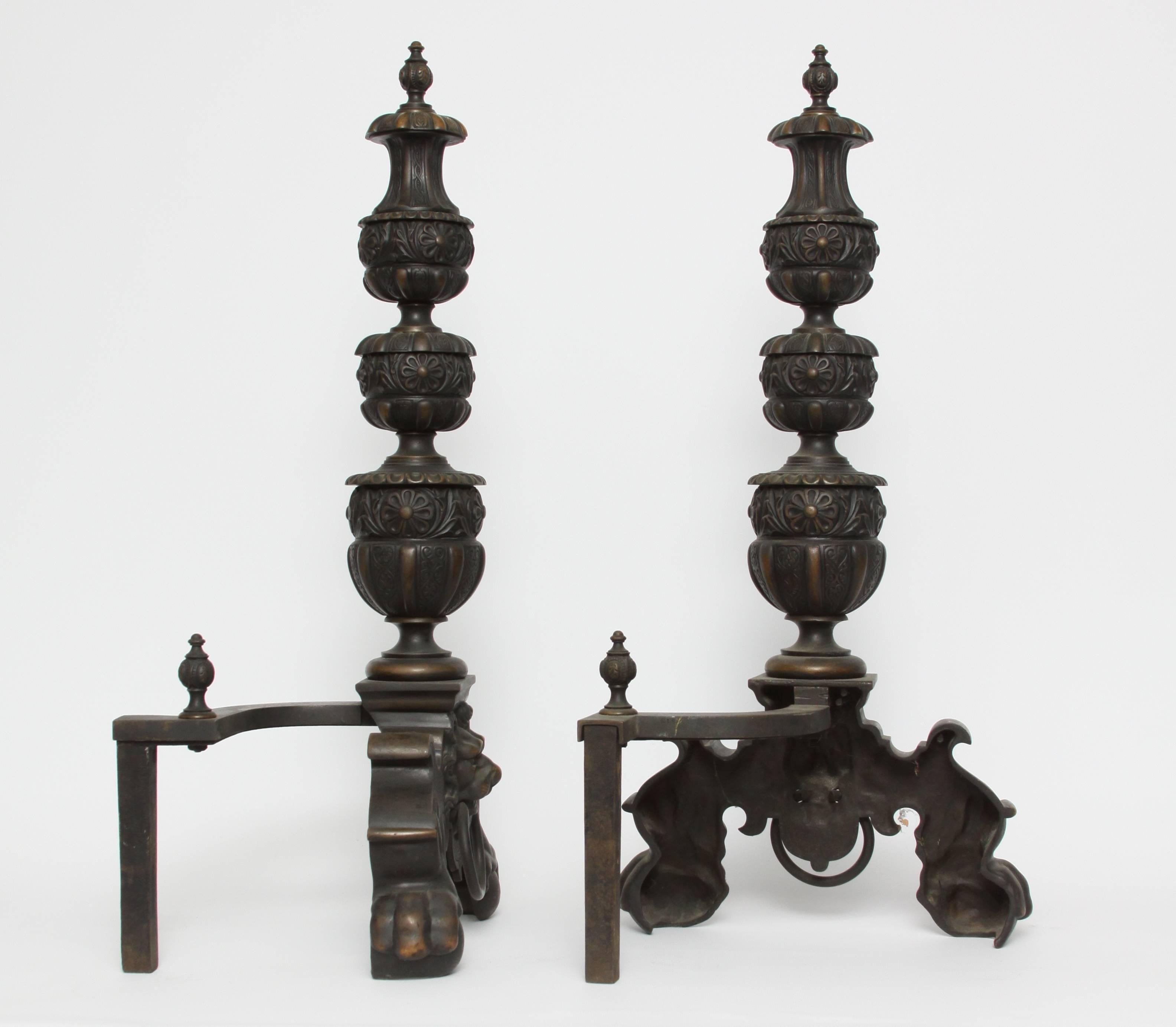 Gadrooned knopped baluster form with lion's masks and rings on claw and ball feet