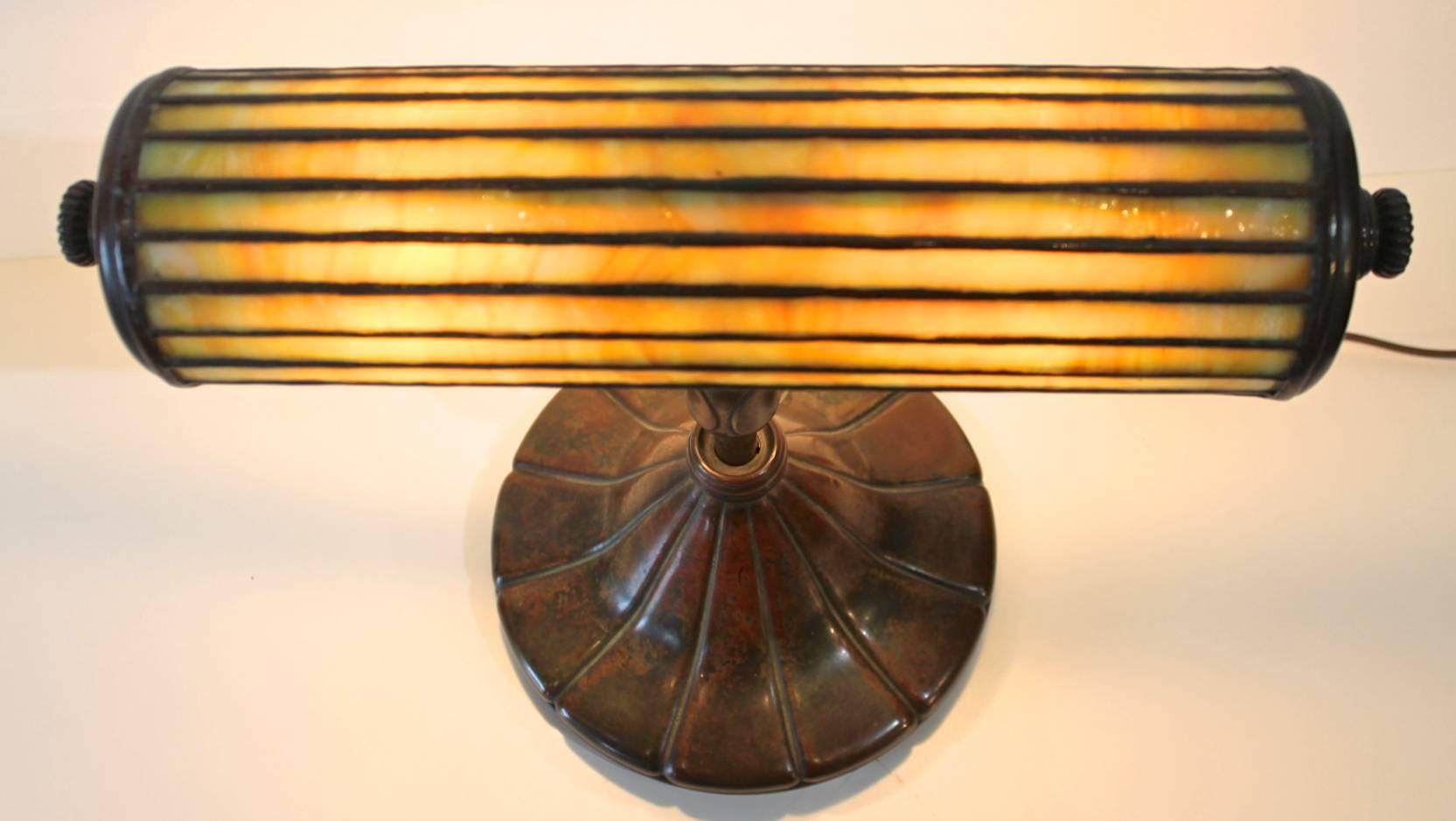 American Rare Tiffany Studios Bronze and Leaded Glass Desk Lamp