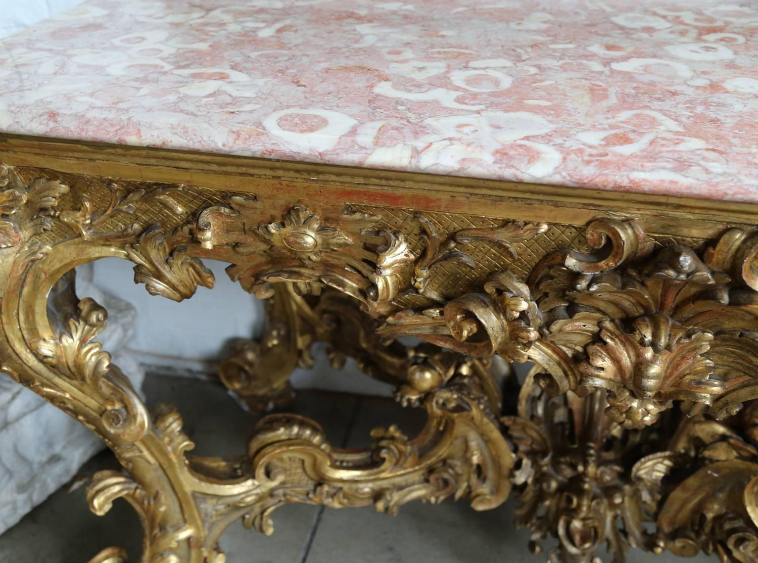 Rococo Monumental Italian Carved and Gilded Wood Console Table For Sale