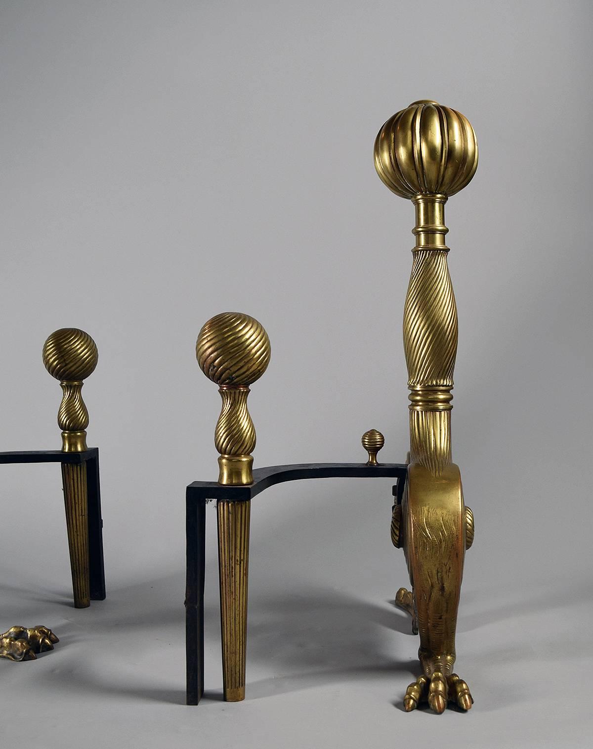 19th Century Fantastical Large Pair of English Brass Andirons For Sale