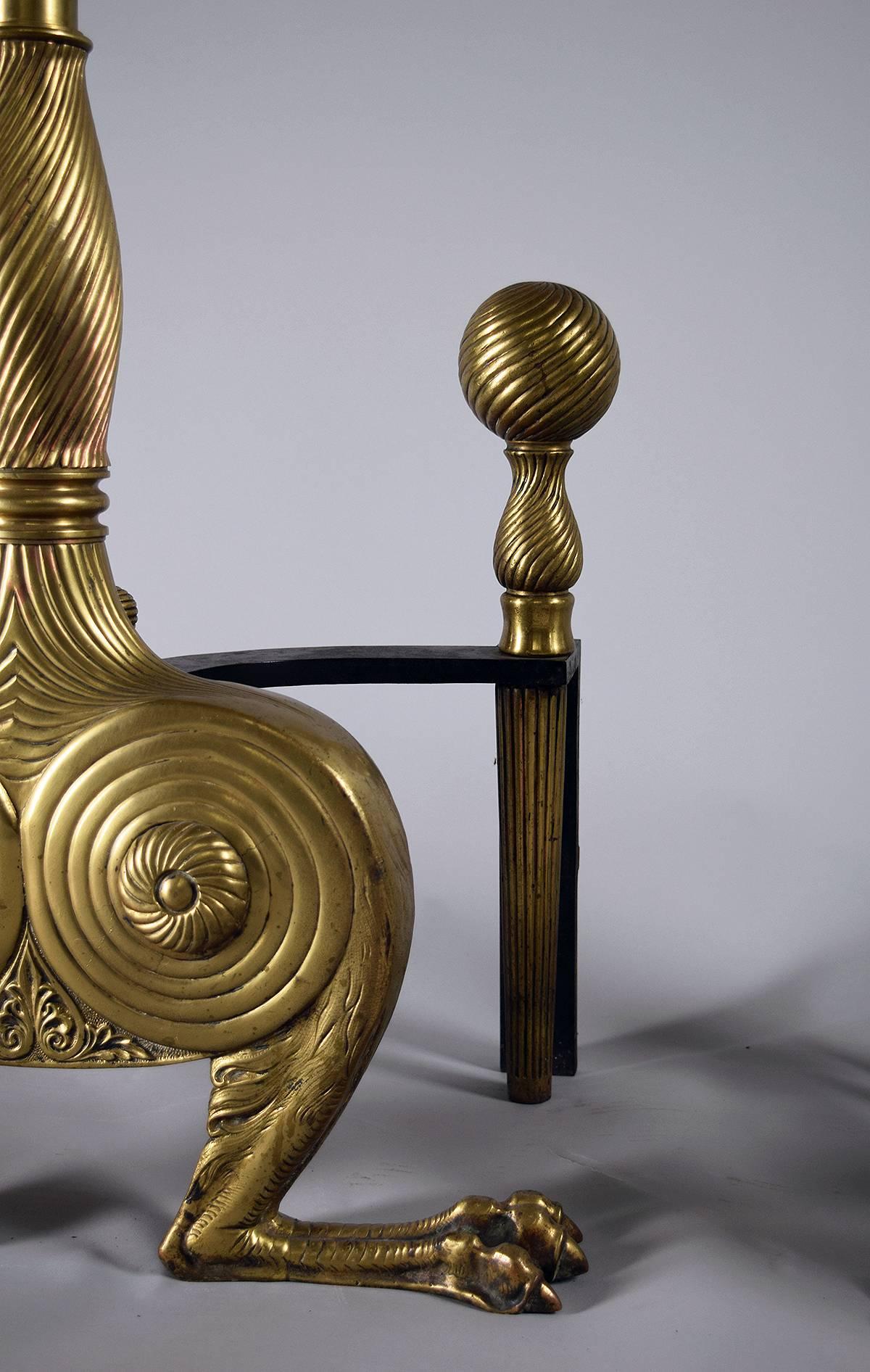 Aesthetic Movement Fantastical Large Pair of English Brass Andirons For Sale