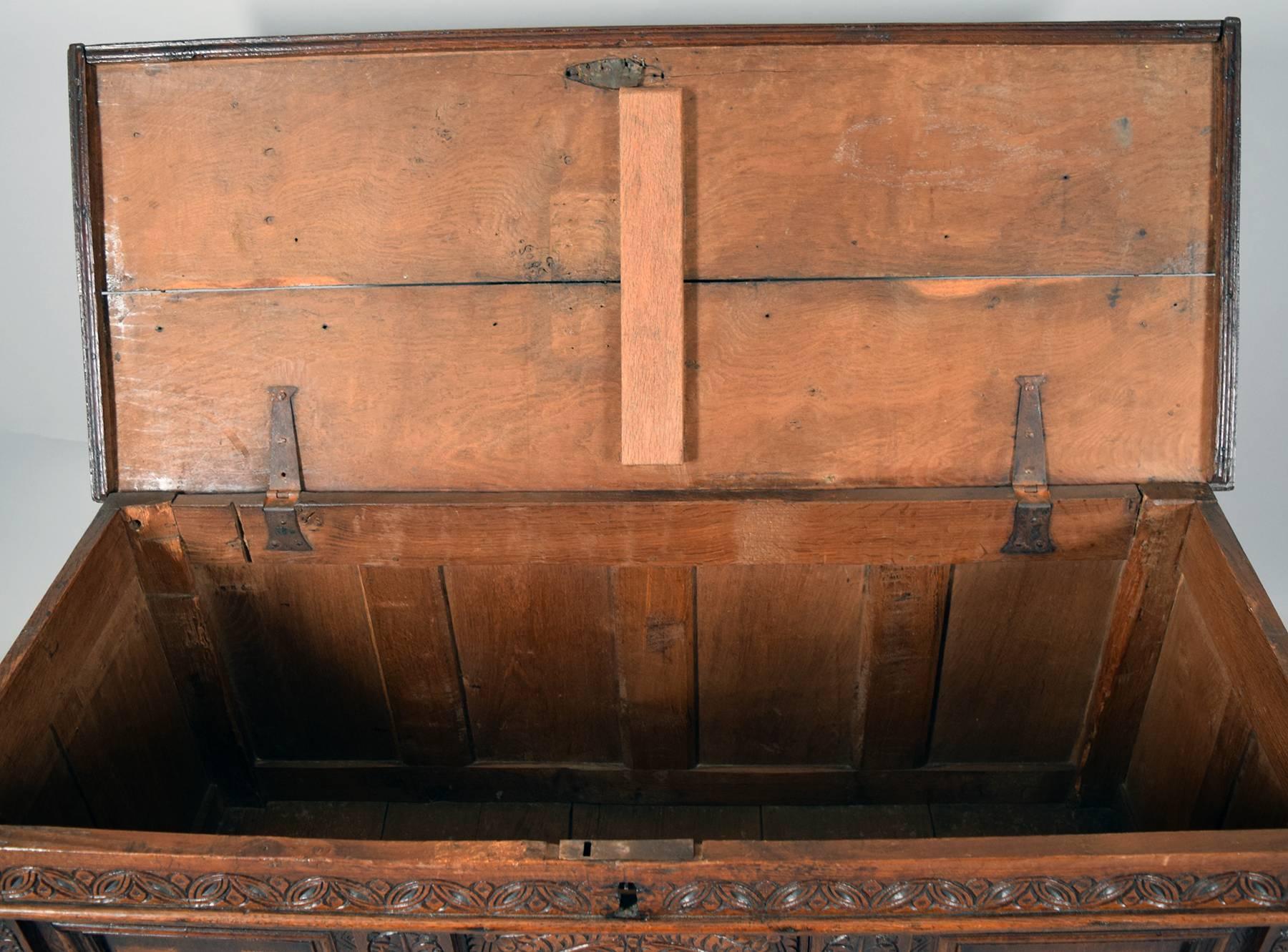 18th Century and Earlier Fine Stuart Inlaid and Carved Oak Coffer, Early 17th Century For Sale