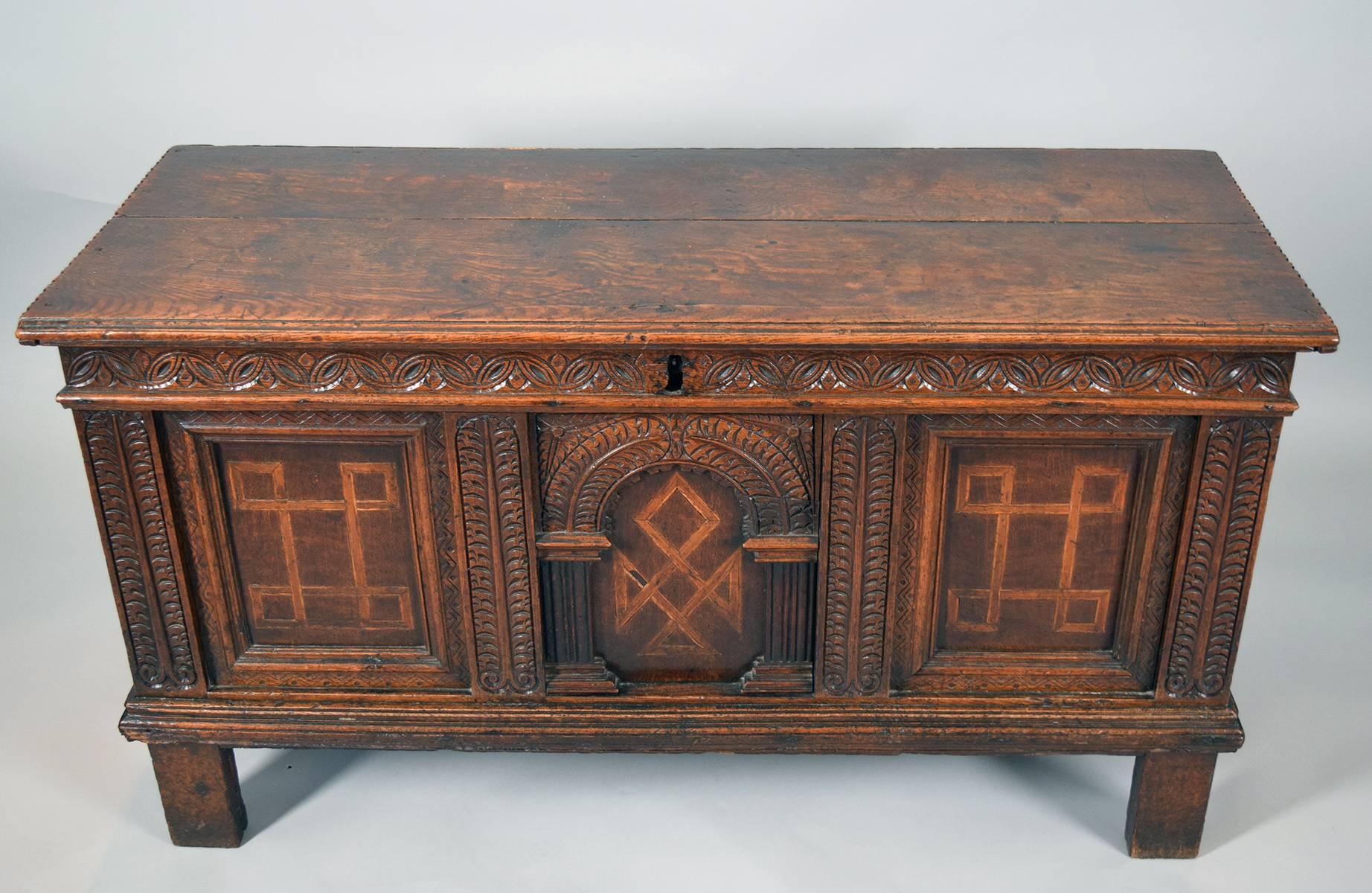 Other Fine Stuart Inlaid and Carved Oak Coffer, Early 17th Century For Sale