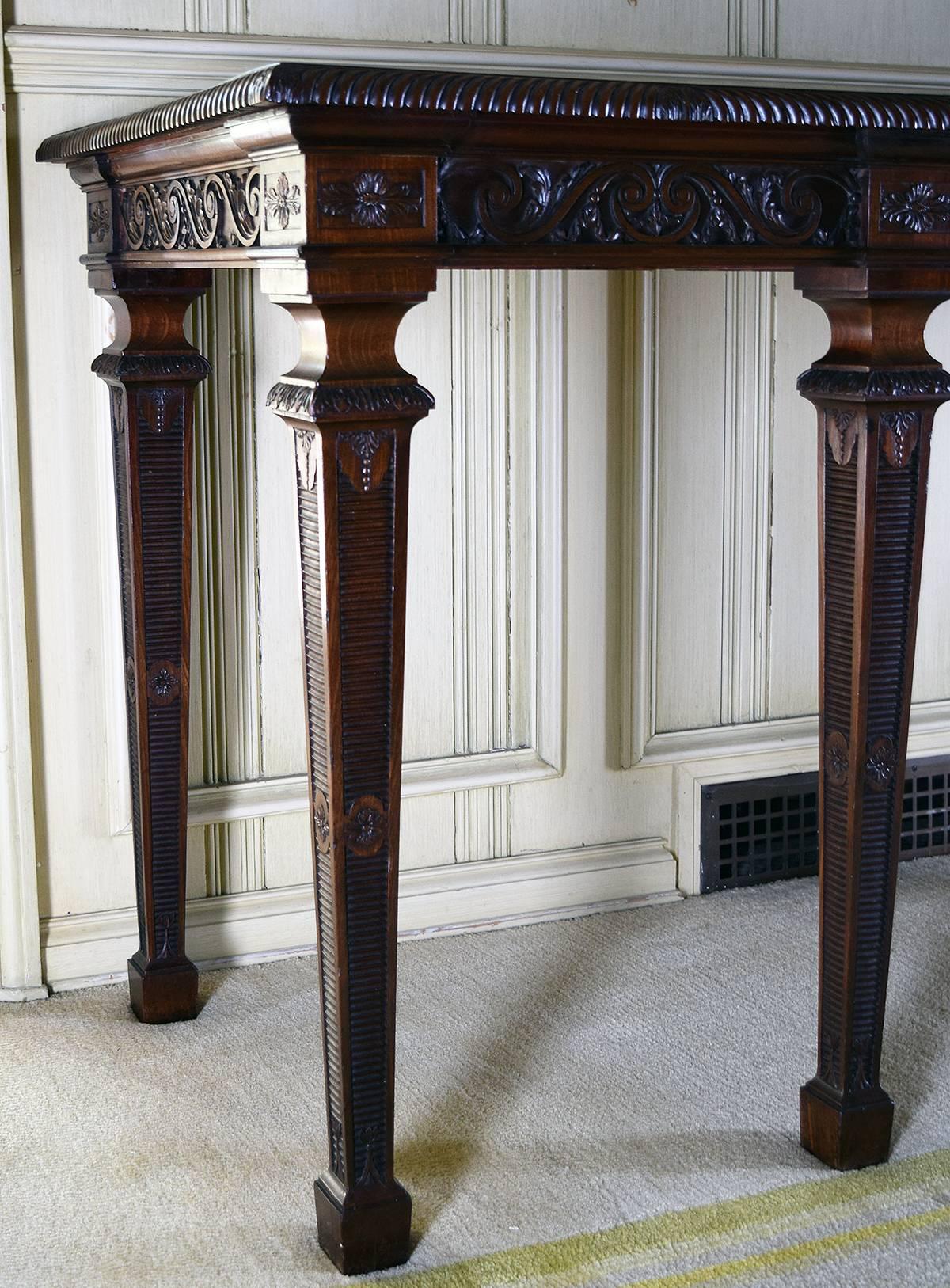 19th Century Rare Pair of Finely Carved English Mahogany Console Tables, circa 1850 For Sale