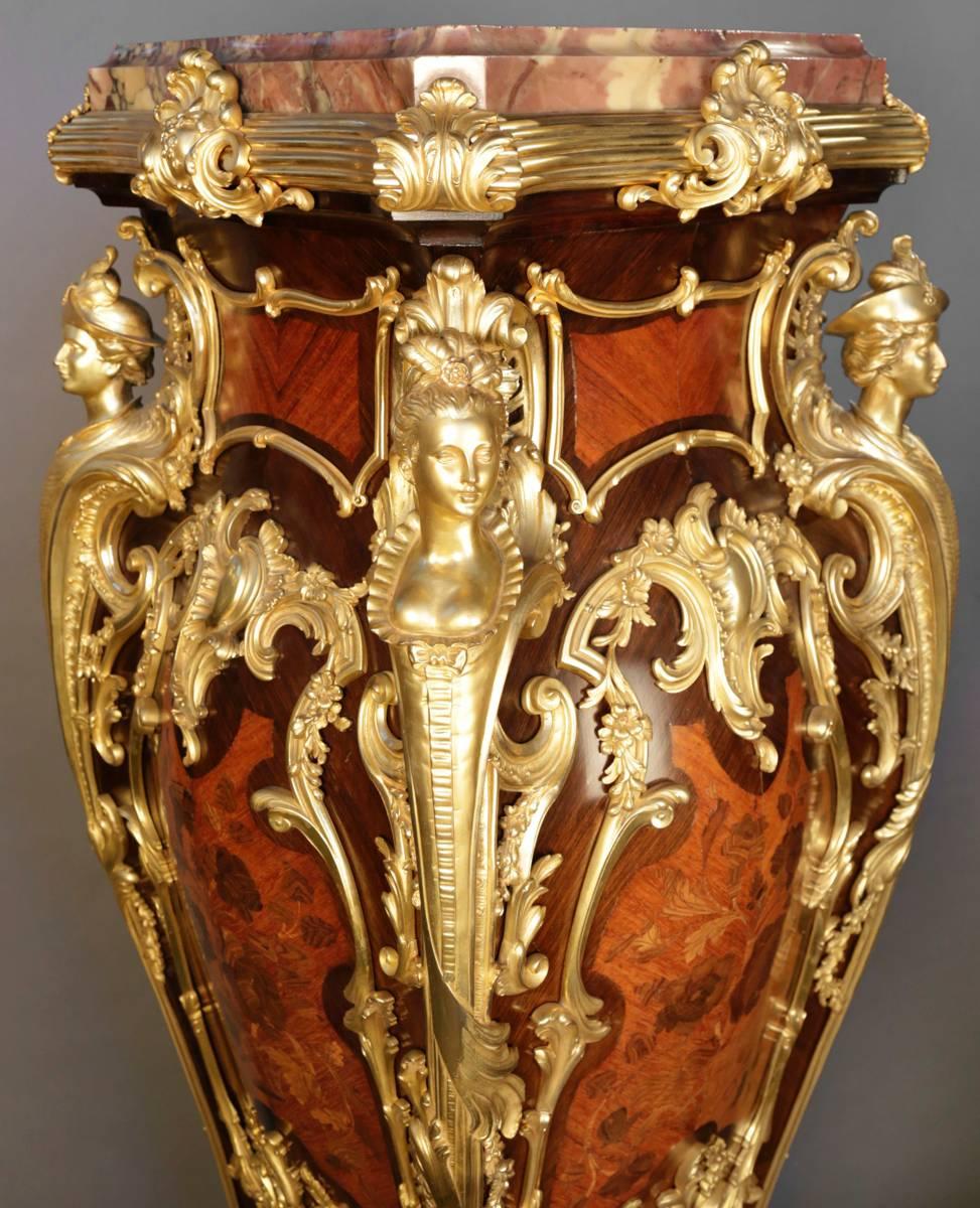 Fine and Rare Pair of Louis XV Style Gilt Bronze-Mounted Marquetry Pedestals For Sale 2