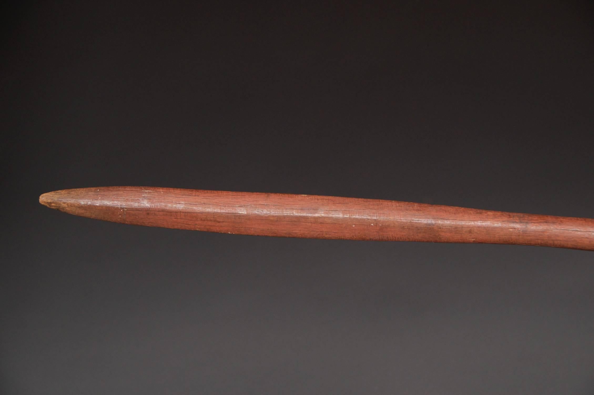 Region / Tribe: Prairie - Northern Plains / Pawnee (?)

circa Mid-19th century (earlier)

Material: Osage orange, red and black pigment

Dimension: L 57 ½” x W (of front “blade”) 1 ¾” x W (of back carved swallow tail) 1 ¾”

Condition: