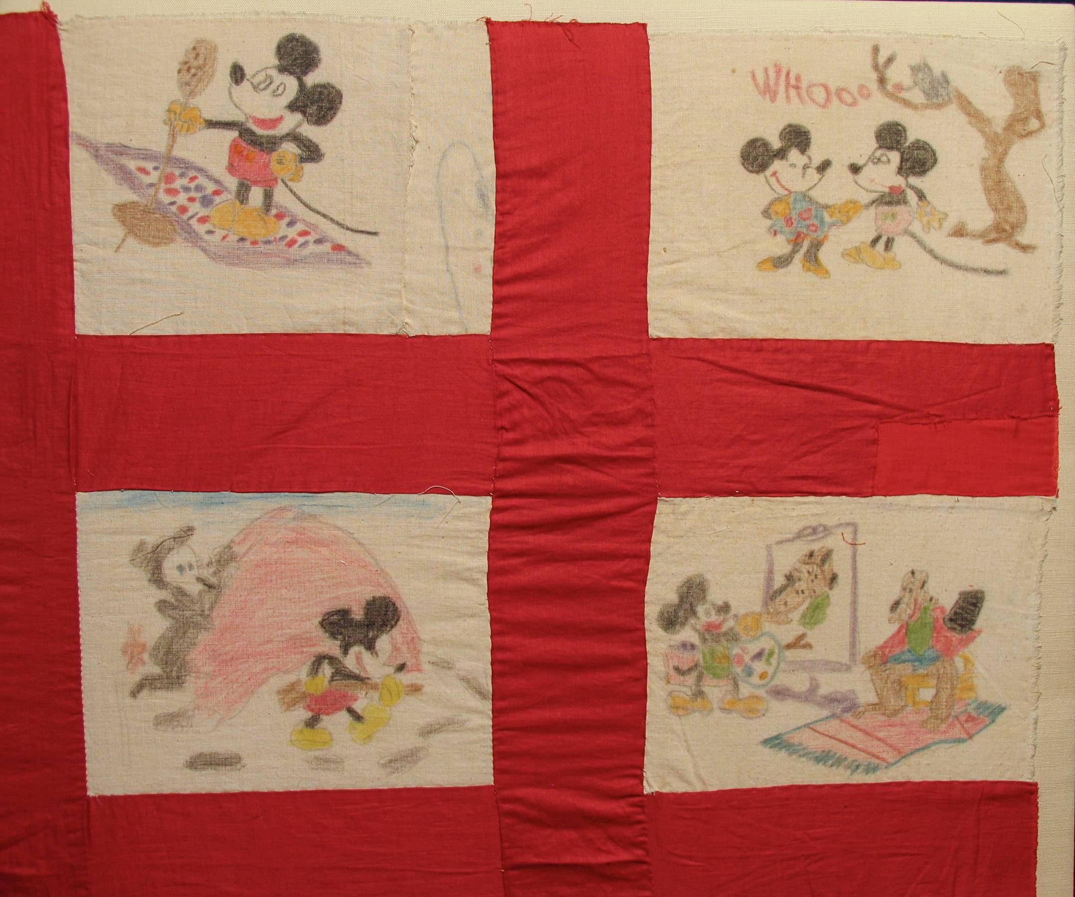Mickey Mouse Quilt Cover

Region: American

Circa: 1st half 20th Century

Material: Twenty individual cotton cloth panels hand-stitched to a pieced grid of red cloth borders, professionally mounted 

Dimension: L. 45 1/2” x W 44” x