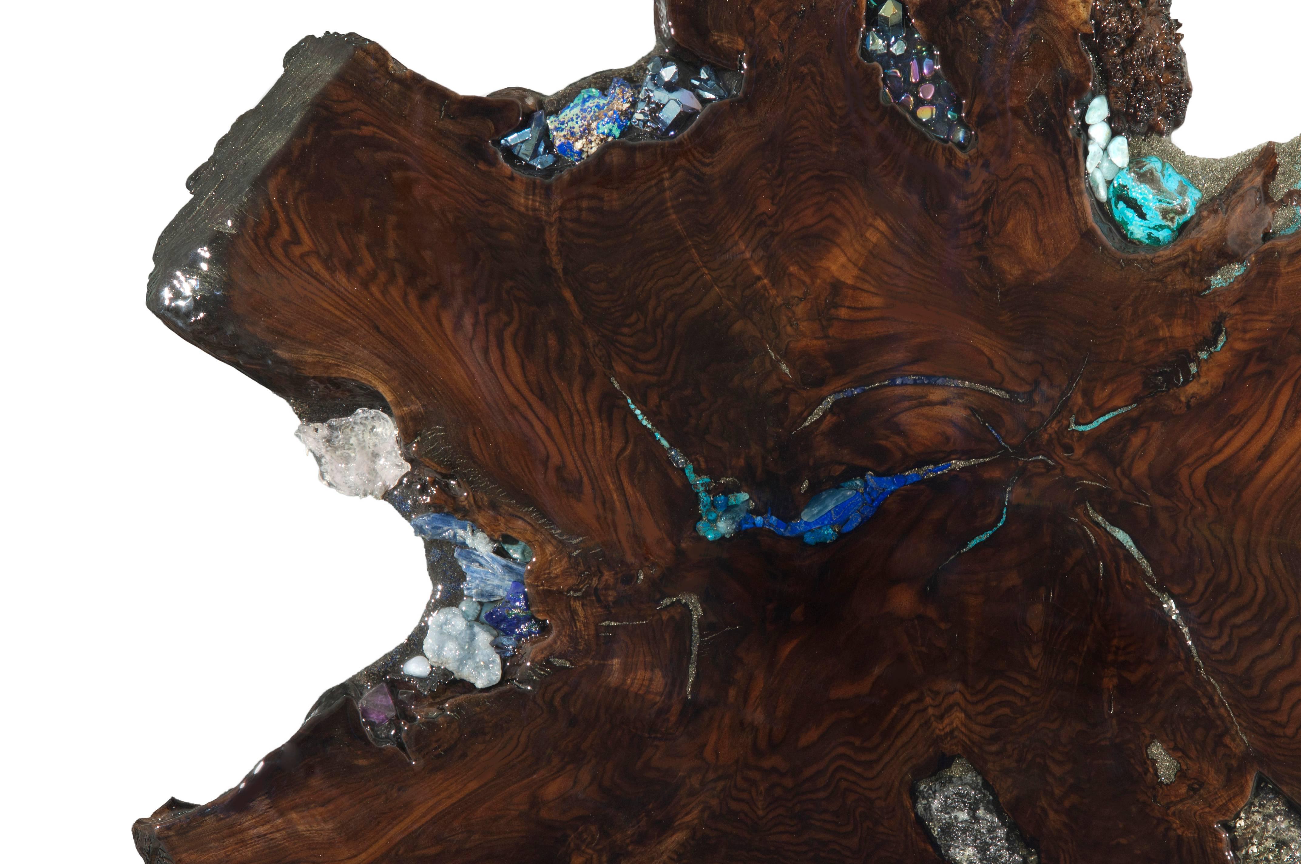 American Claro Walnut Wood Sculpture Lapis Tanzanite Amethyst Jasper Inlay Danna Weiss For Sale