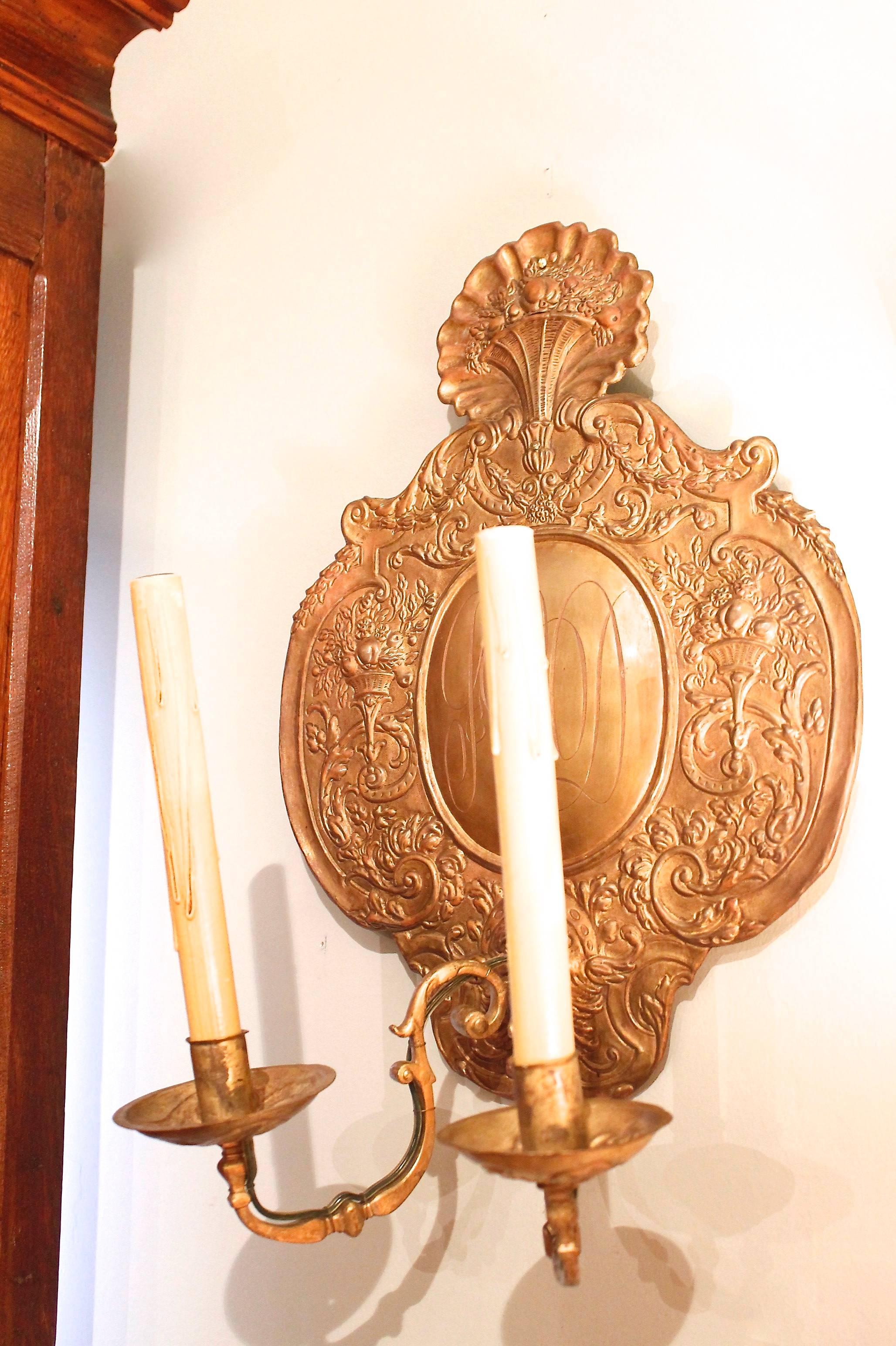 Repoussé Pair of Dutch Brass Repoussé Wired Two-Light Sconces For Sale