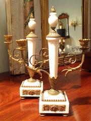 Pair of Continental Marble and Gilt Bronze Candelabras