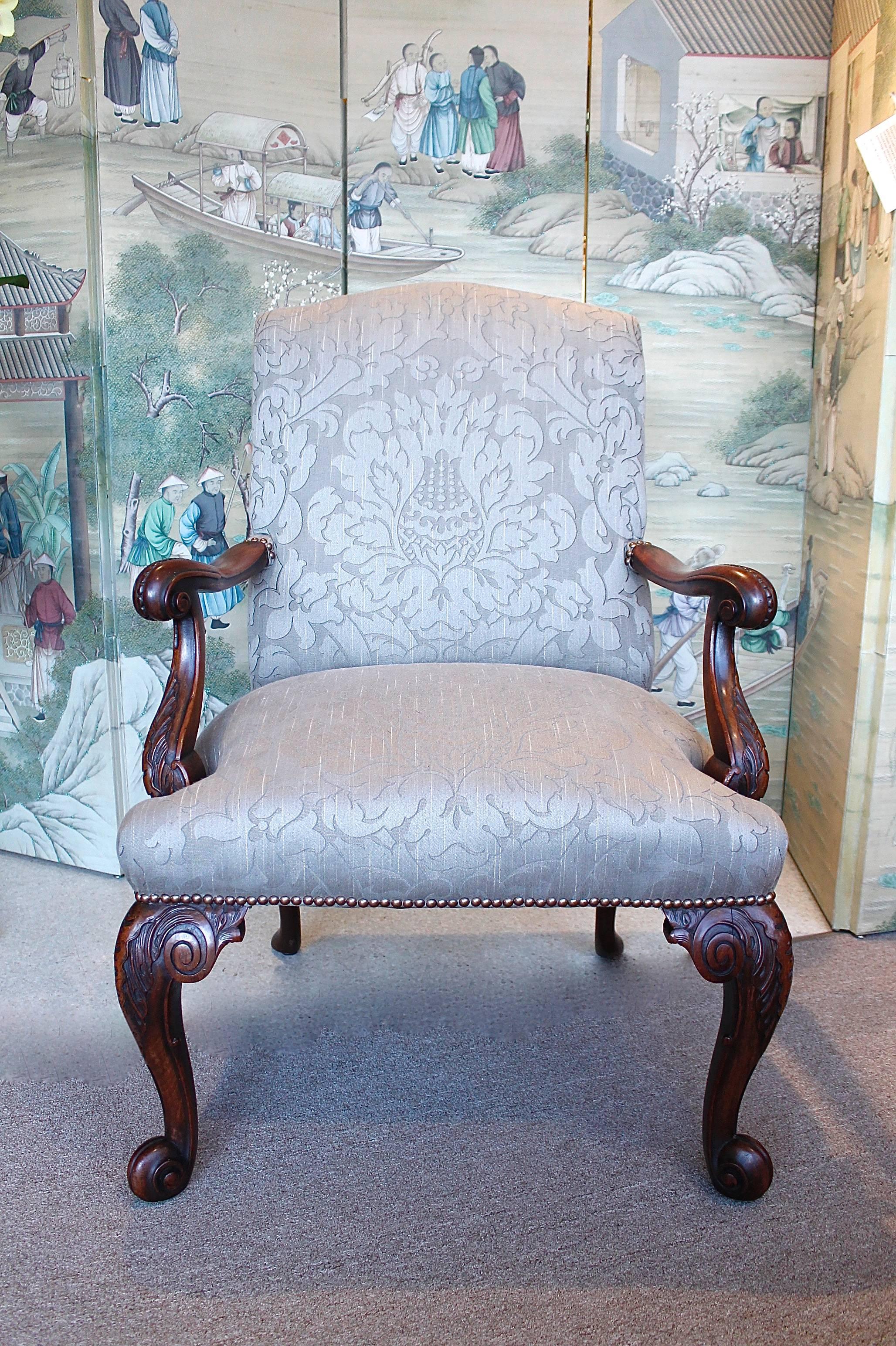 Carved Pair of English Gainsborough Style Library Armchairs For Sale