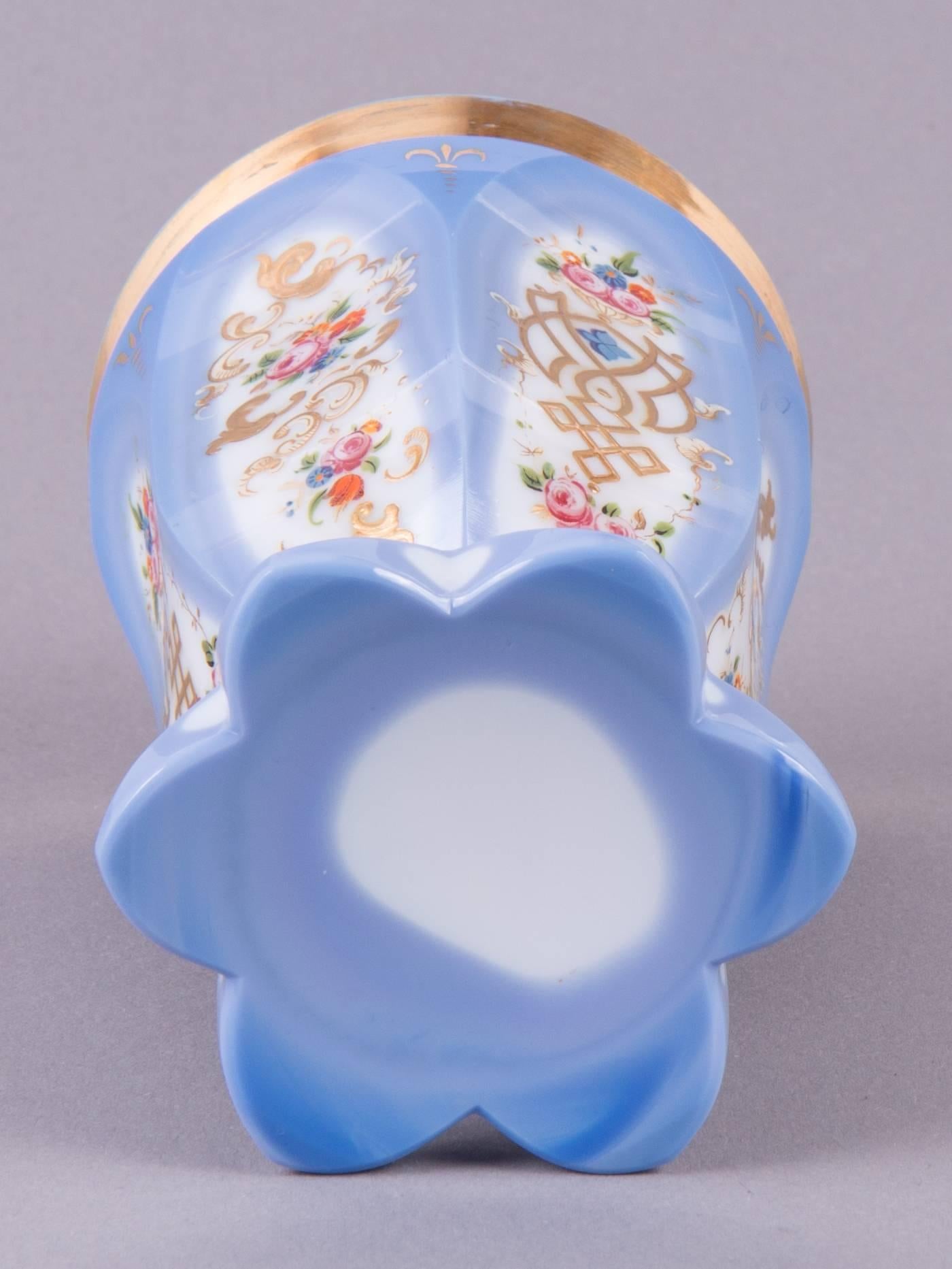 Bohemia, circa 1830-1850.
Boneglass, light blue and white with gold and enamel painting.