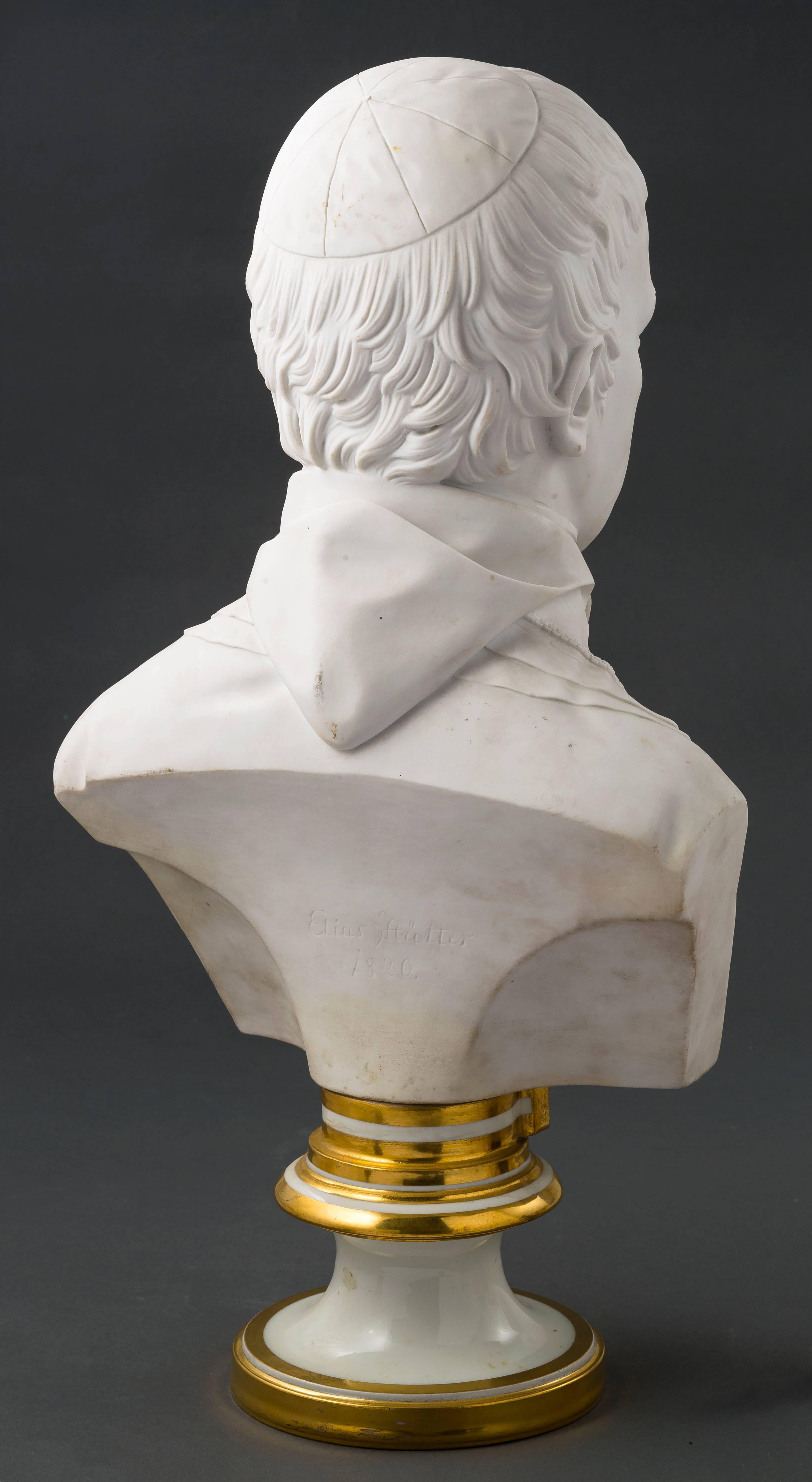 Biscuit-porcelain bust of Archduke Rudolph Johann Joseph Rainer of Austria (1788 Florence – 1819 Baden/Vienna) by Elias Hu¨tter (1774-1865).
Imperial Porcelain Manufactory Vienna 1820-1821.
Impressed beehive mark of the Imperial Porcelain