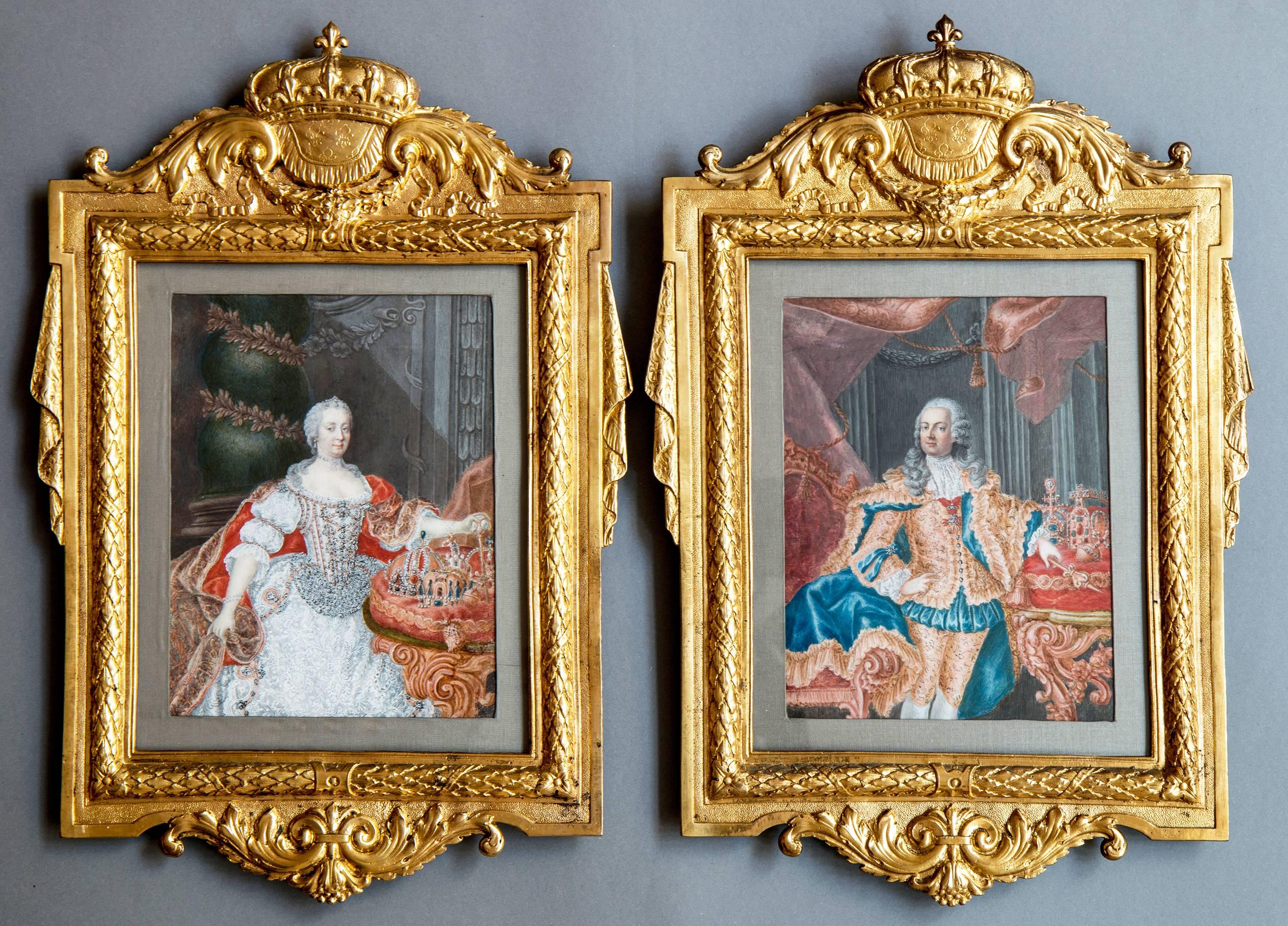 PAIR OF PORTRAITS WITH EMPEROR FRANZ I. STEPHAN OF LORRAINE (1708-1765) AND ARCHDUCHESS MARIA THERESIA OF AUSTRIA (1717-1780).
Austria, circa 1745-1750, frames circa 1770.
Gouache on vellum (laminated on carton), 18.7 x 14 cm, cast and gilt brass