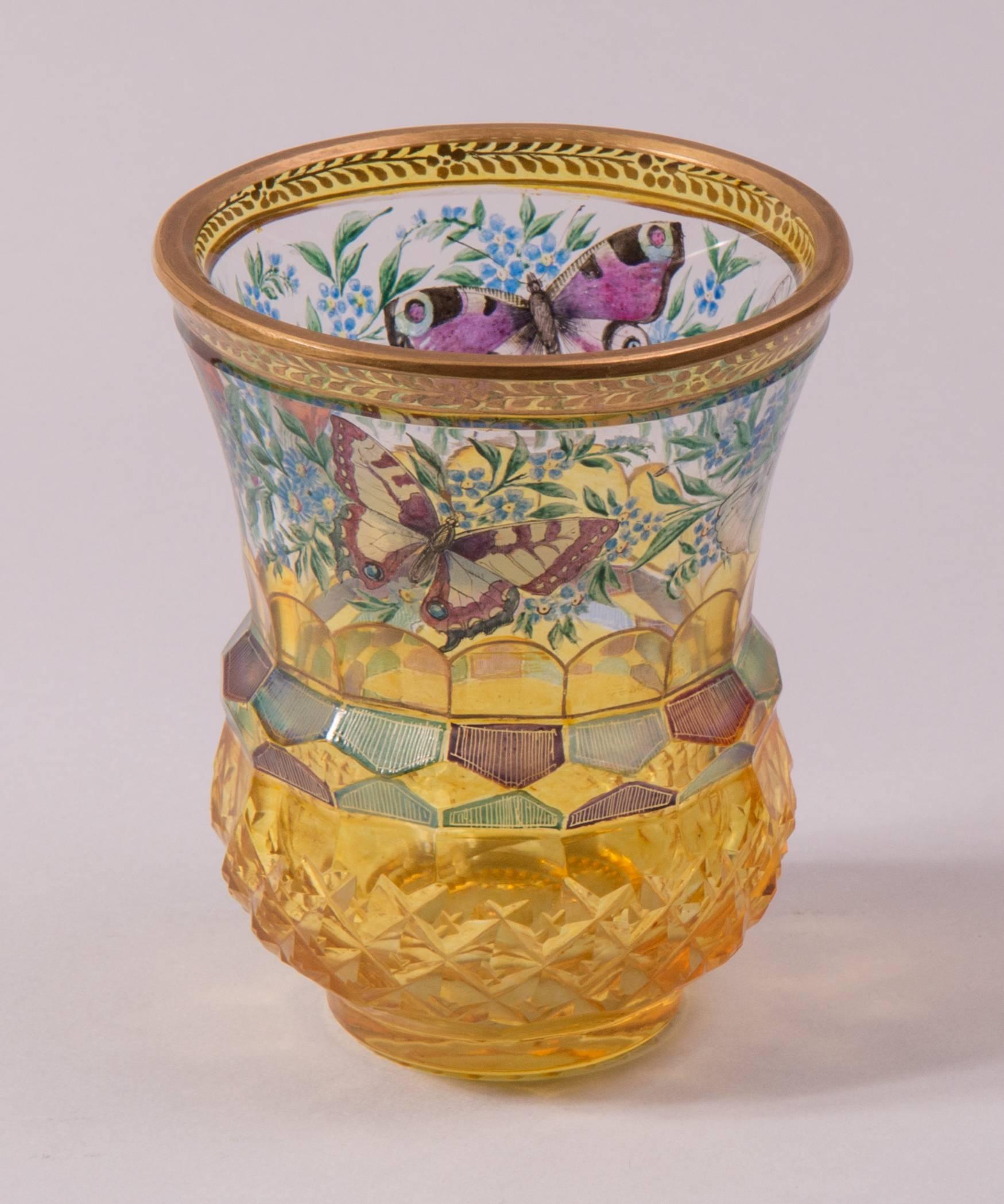 Biedermeier Glass Beaker with Butterflies, North Bohemia, circa 1830-1840
