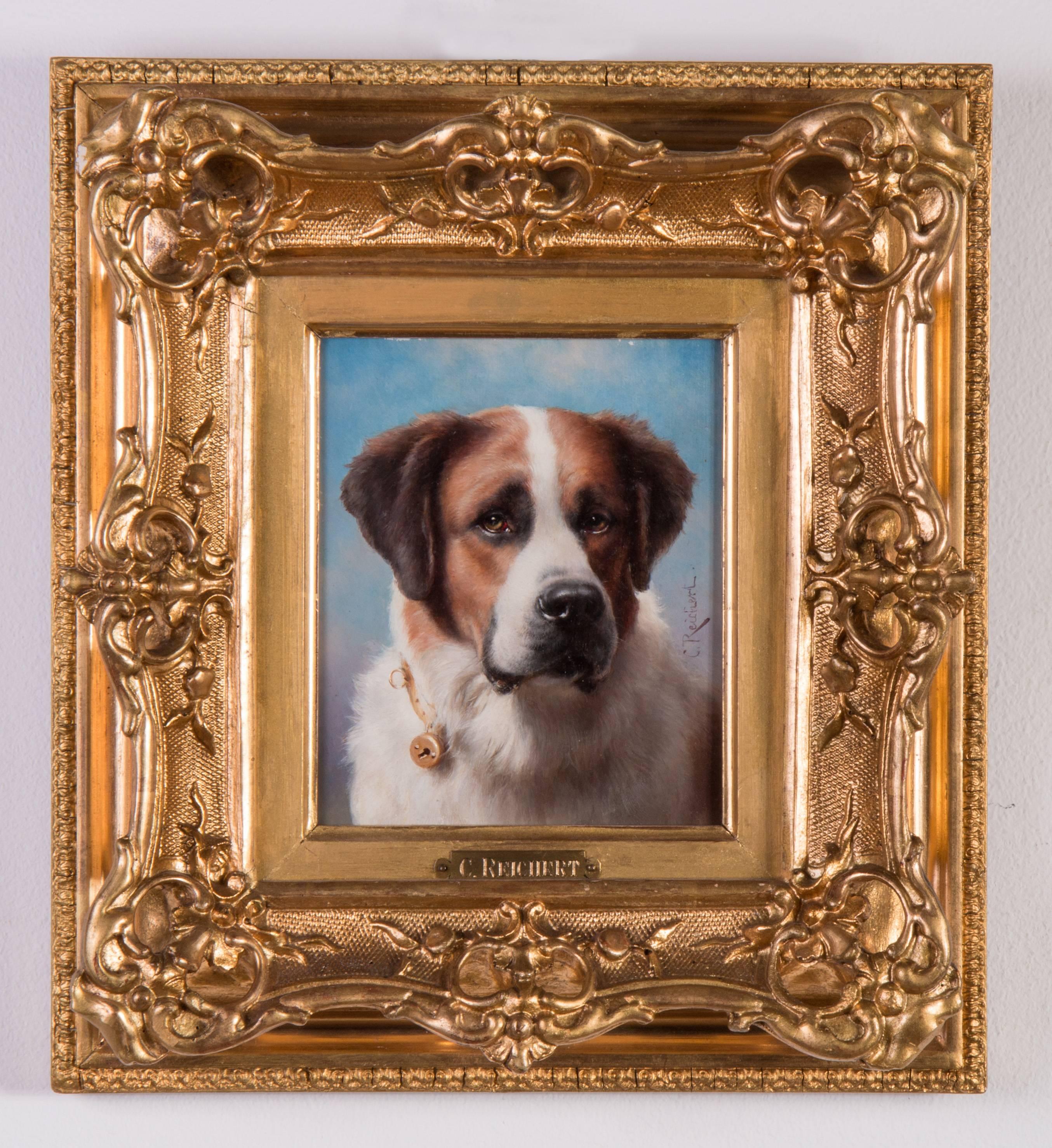 Signed: „C. Reichert”
Oil on panel, measure: 15 x 12.5 cm, framed

Carl Reichert (Vienna 1836-1918 Graz). He was a well-known animal painter in Austria and painted for example some dogs of Empress Elisabeth of Austria.
 