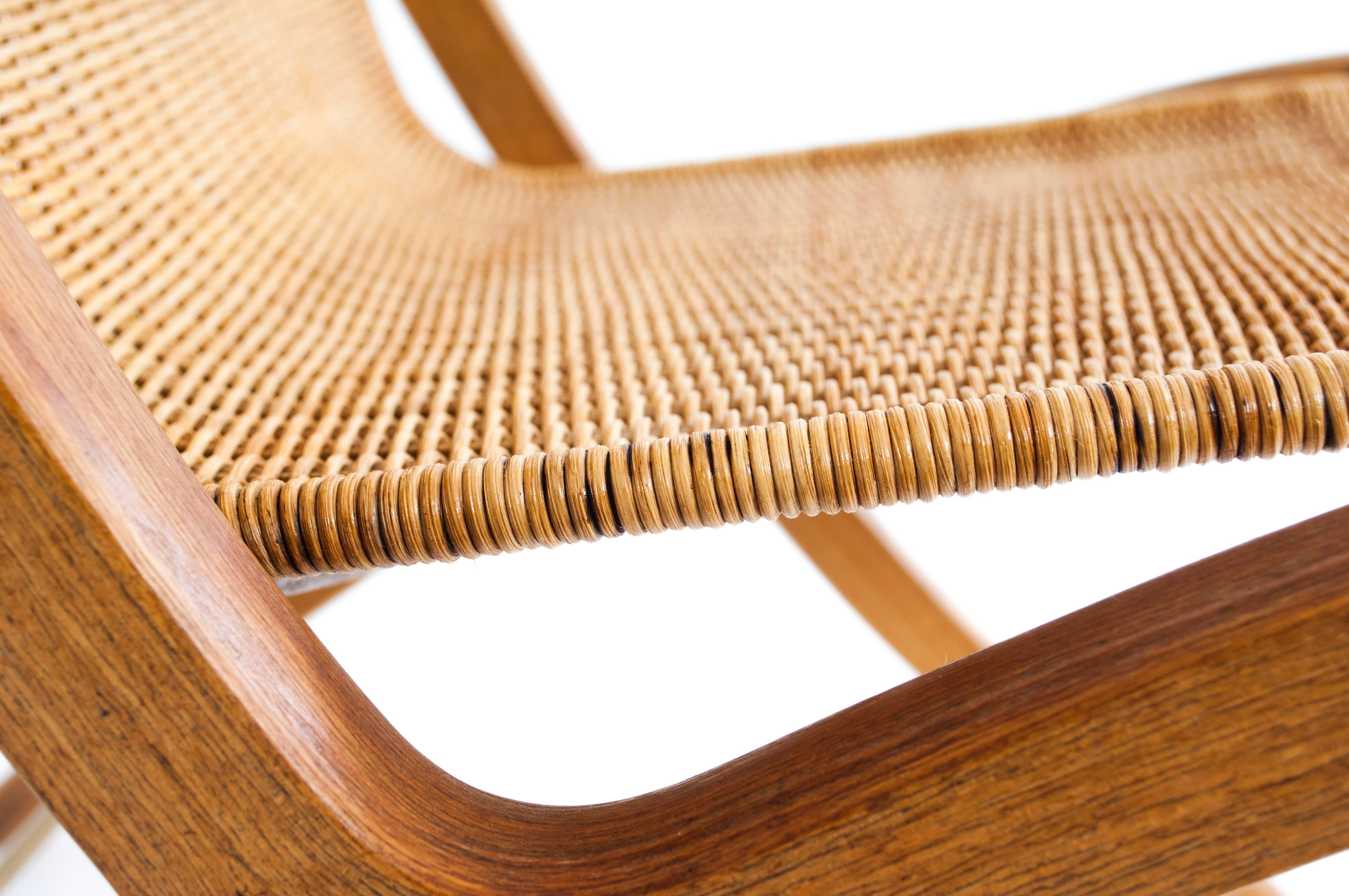 Peter Hvidt & Orla Mølgaard 

X-chair. Model 6103. 

Oak frame. Seat and back upholstered with woven cane. 

Designed circa 1958. 

Manufactured by Fritz Hansen.