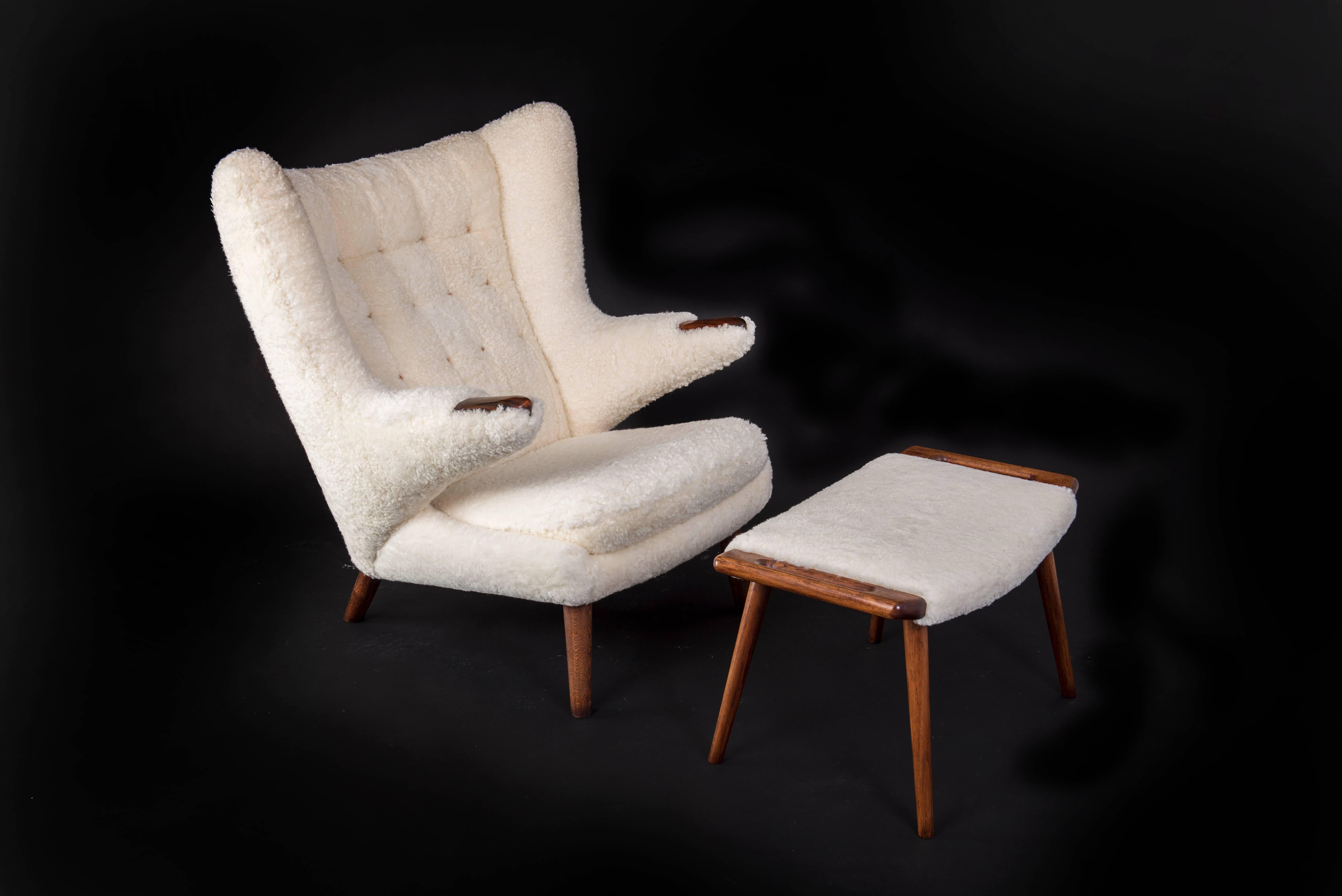 Scandinavian Modern Hans J. Wegner Pair of Papa Bear + Stool. Sheepskin and Rosewood