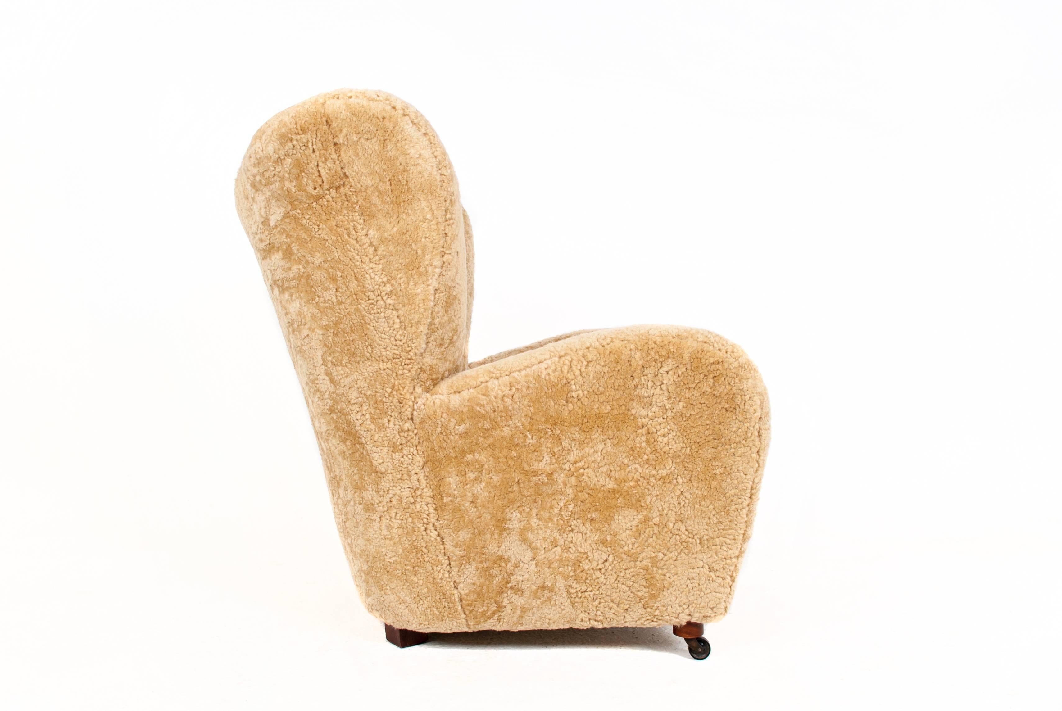 Scandinavian Modern Flemming Lassen Attributed Sheepskin Easy Chair For Sale
