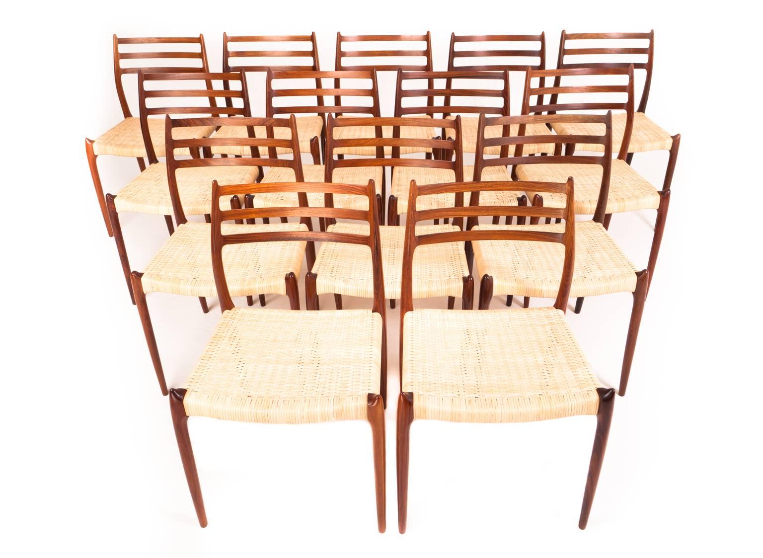 Scandinavian Modern N.O. Møller Set of 14 Rosewood Dining Chairs Model 78 For Sale