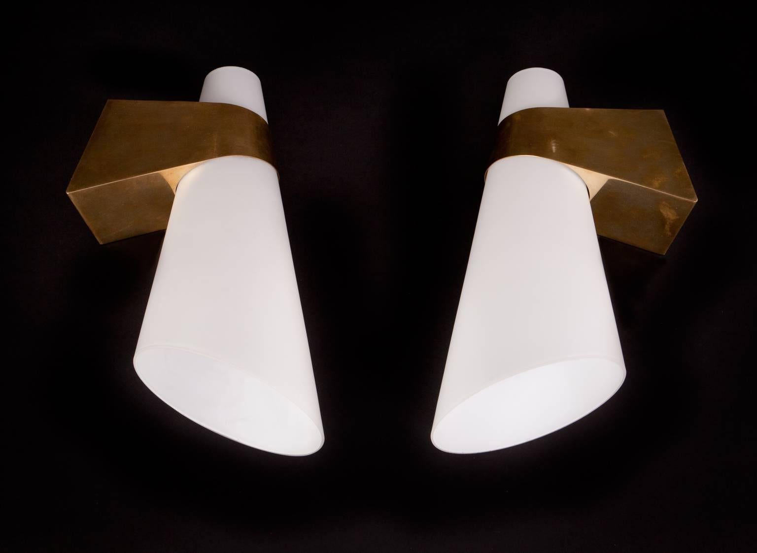 Pair of Brass and Opaline Glass Wall Lamps In Excellent Condition For Sale In Copenhagen, DK