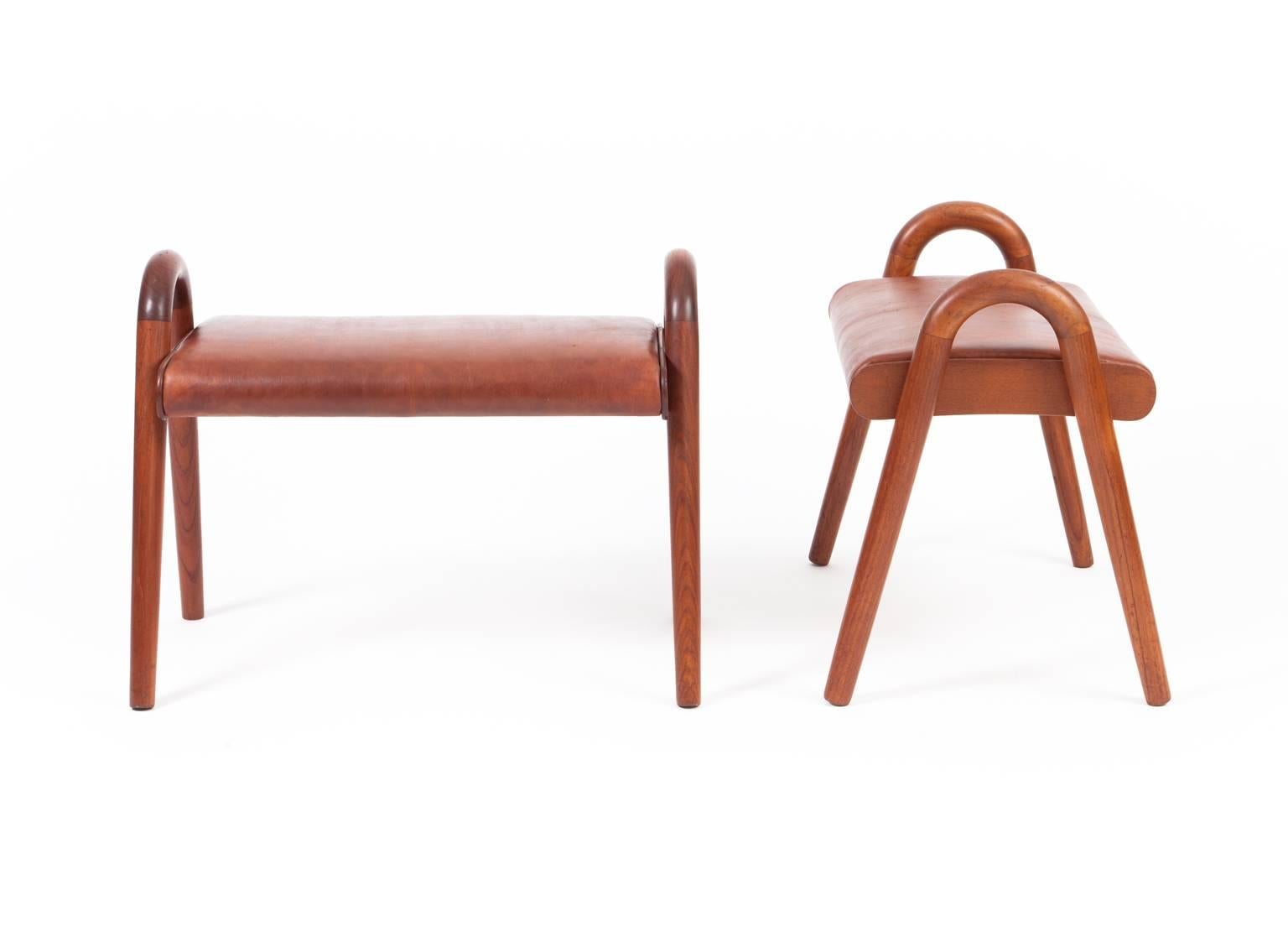 Scandinavian Modern Vilhelm Lauritzen Pair of Teak Stools with Leather Seat For Sale
