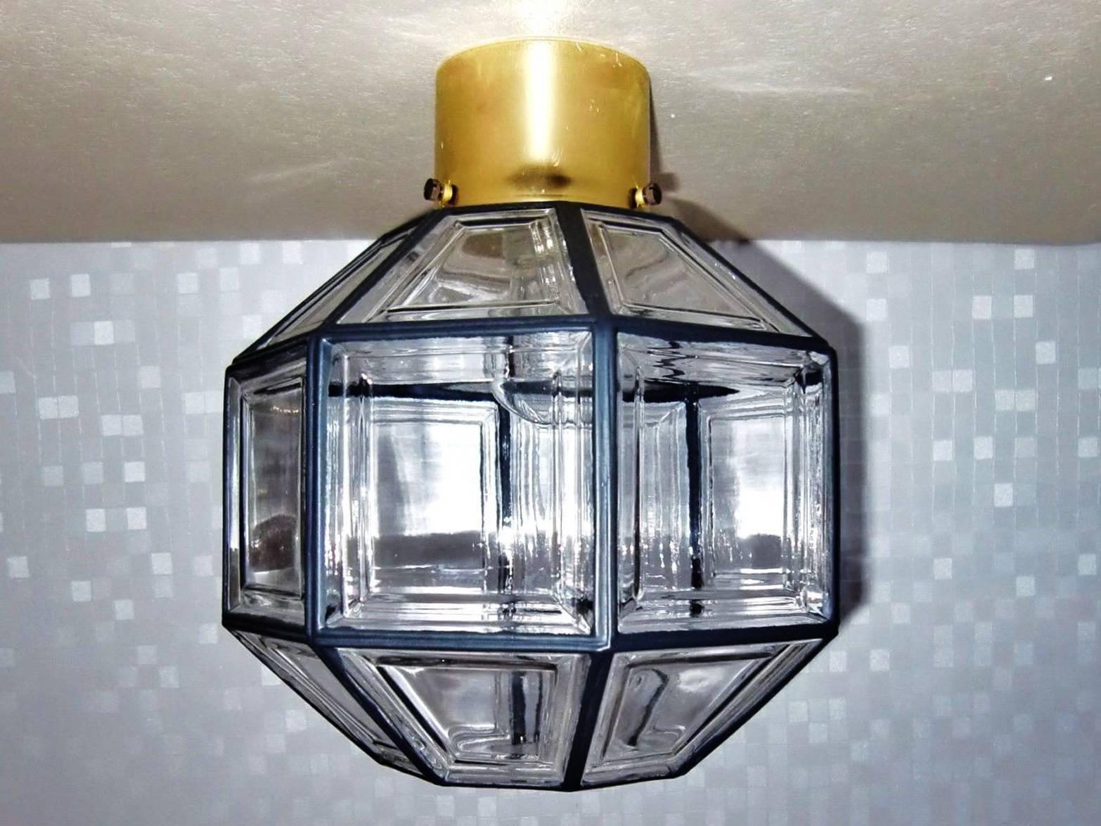 Beautiful steel and clear class flush mount lamp by Glashütte Limburg from the 1970s.
Used but still in perfect condition.
 