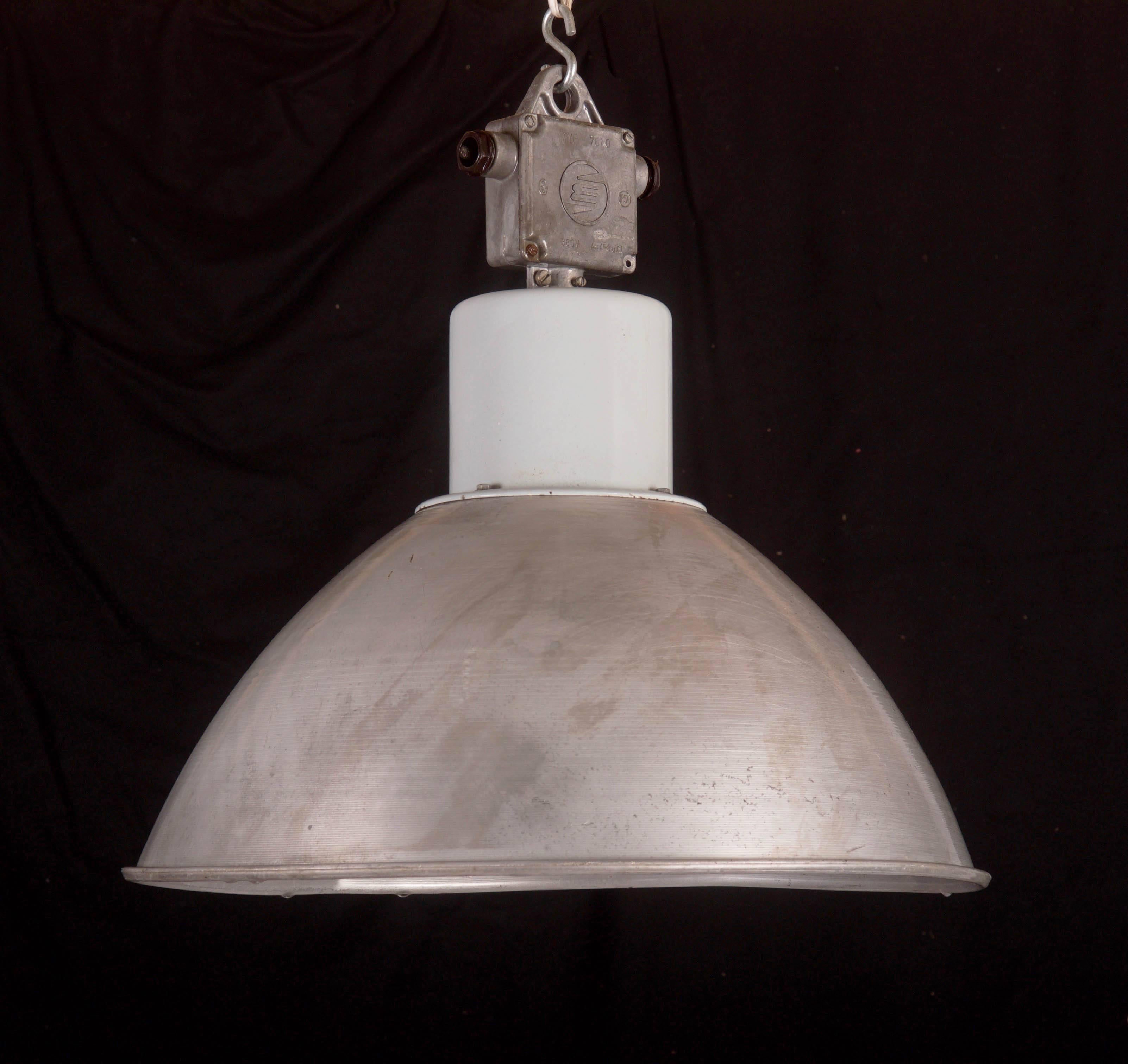 Czech Industrial pendant with gray aluminum screen and cast aluminum head from the 1960s. 
Dimension:
Height circa 50cm, diameter 50cm. 
Up to 30 pieces available.