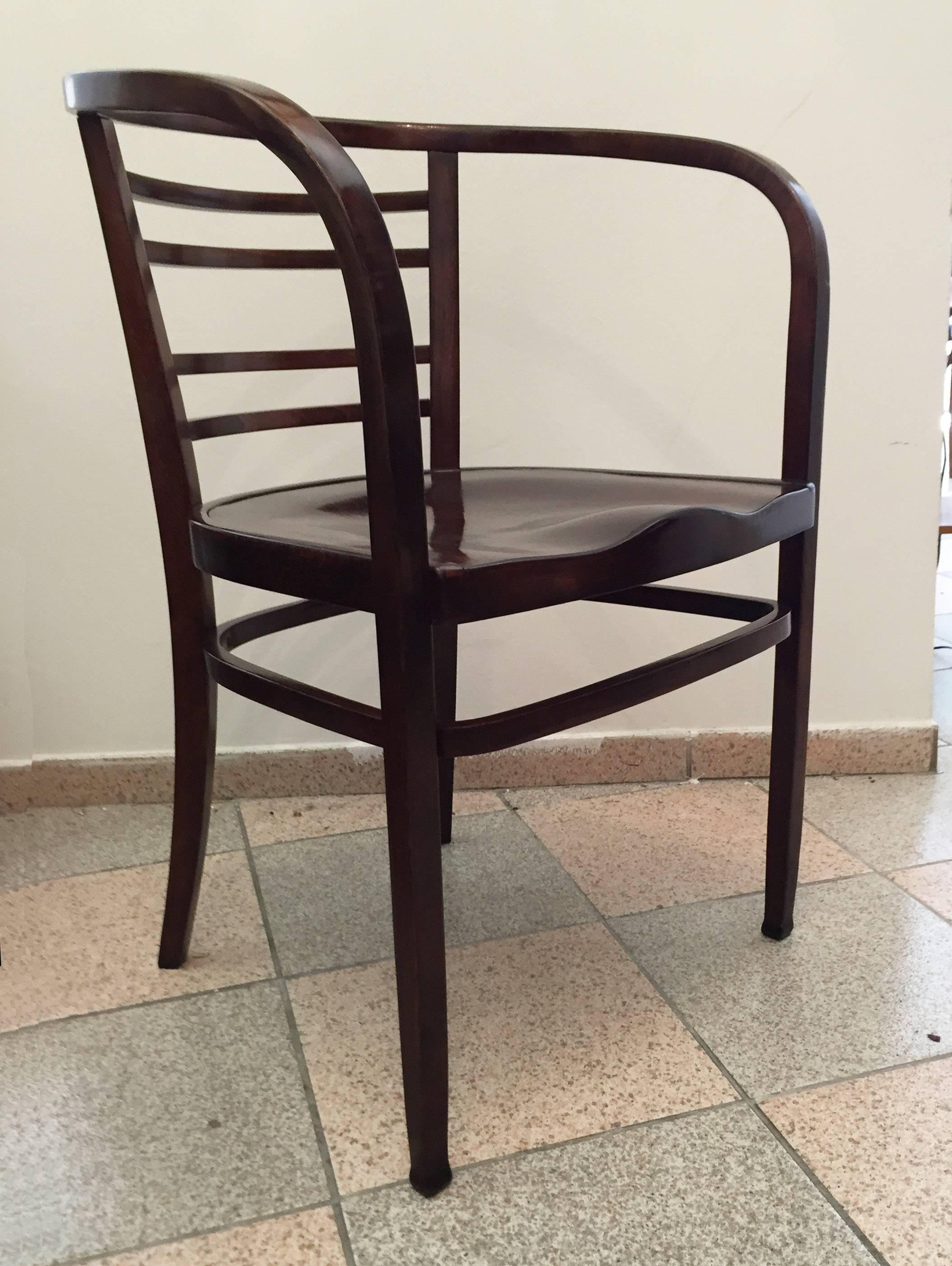 Beech bentwood with plywood seat dank nut stained and shellack finished. This type of chairs was originally designed by Gustav Siegel für the World Fair 1900 in Paris. Later this design was also used by his teacher Otto Wagner for his projects like