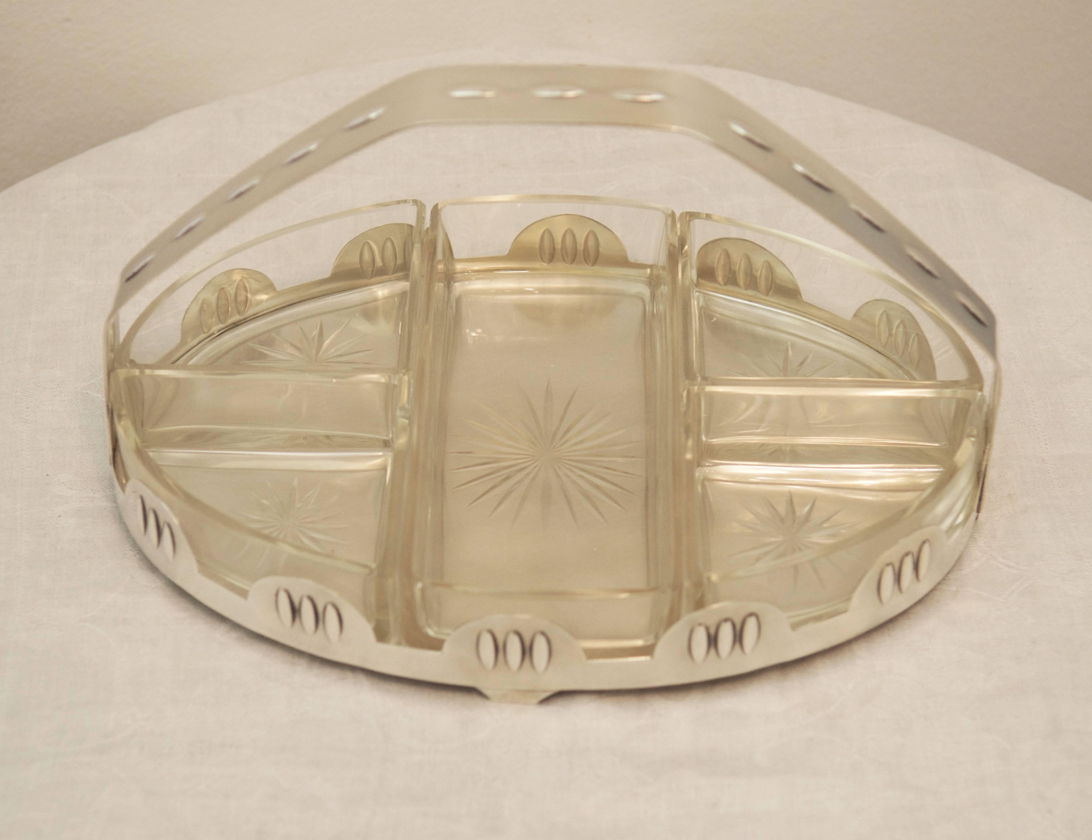 Brass dish silver plated with five original cryslar glass panels with a star cut on the bottom undamaged from the 1920s. 

