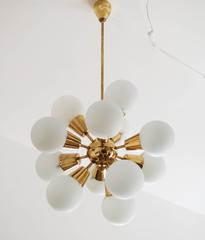 Sputnik Brass Chandelier with 12 Opaline Glass Shades