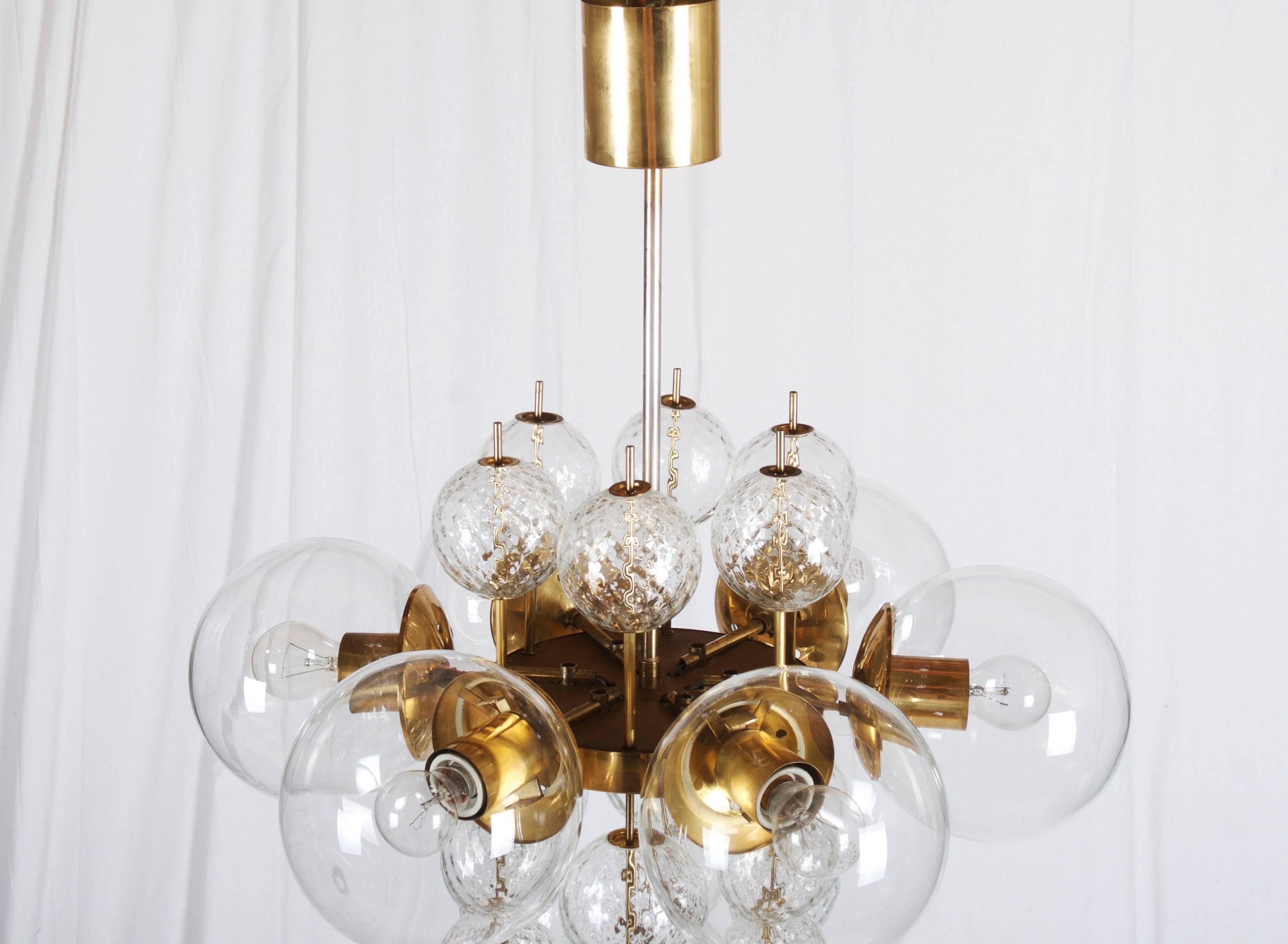 Mid-Century Modern Stunning Large Brass Chandelier with Crystal Globes