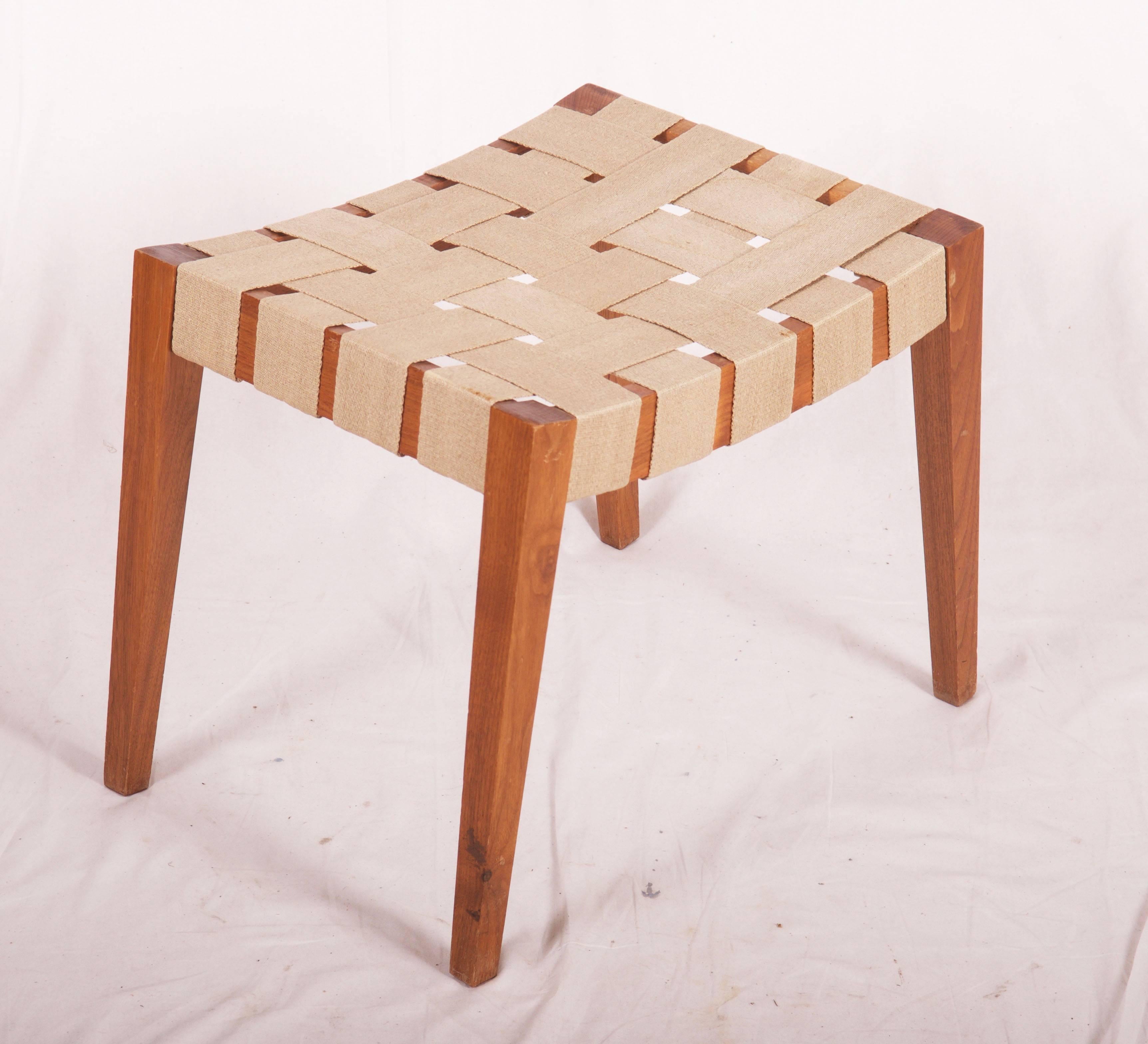 Mid-Century Modern Wooden Stool with Jute Belts For Sale