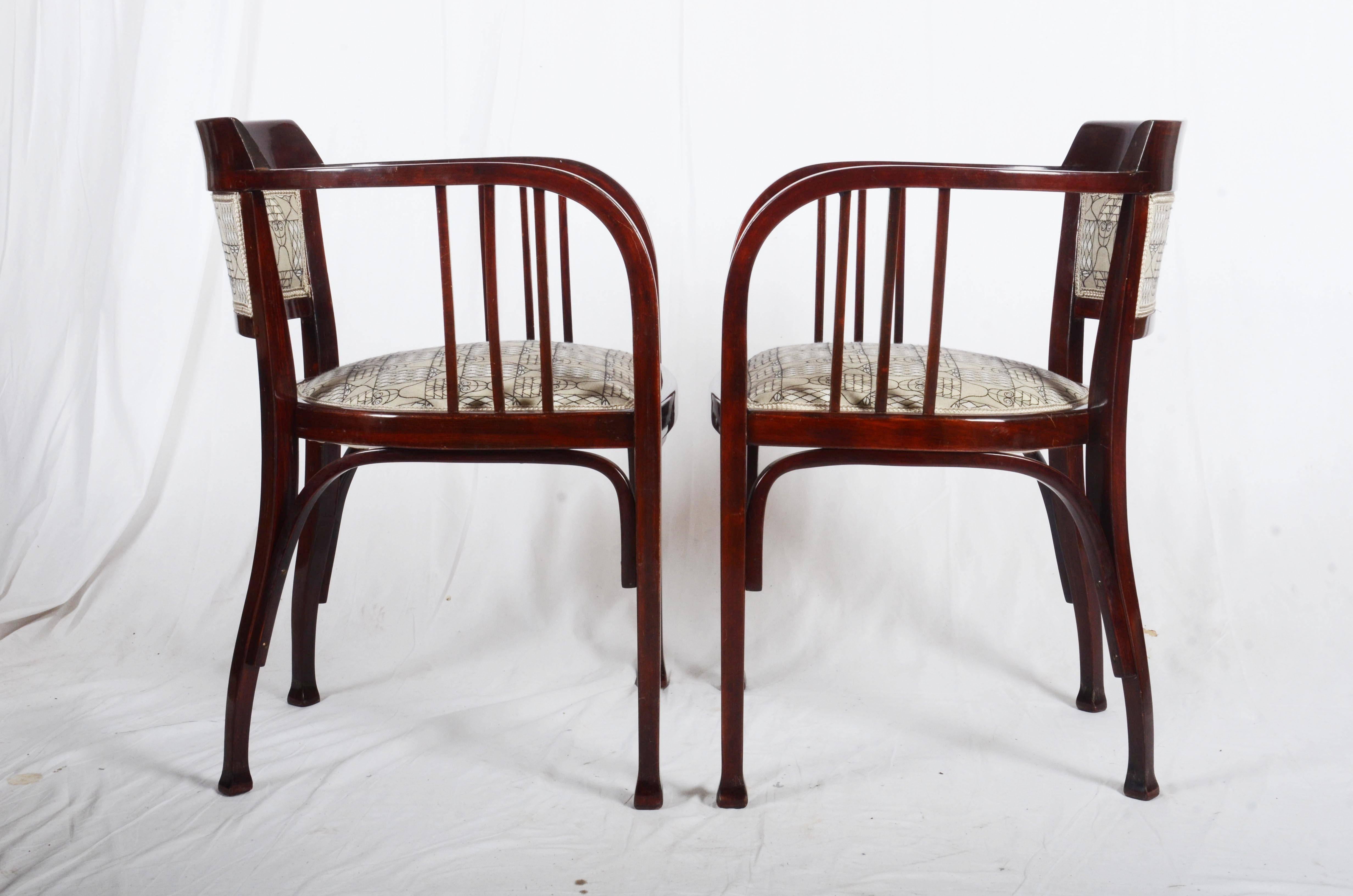 Beach bentwood design by Otto Wagner about 1900
The fabric on the chairs is obsolete but I can offer you huge range Vienna Secession fabrics instad of.
Delivery time 5-6 weeks

 