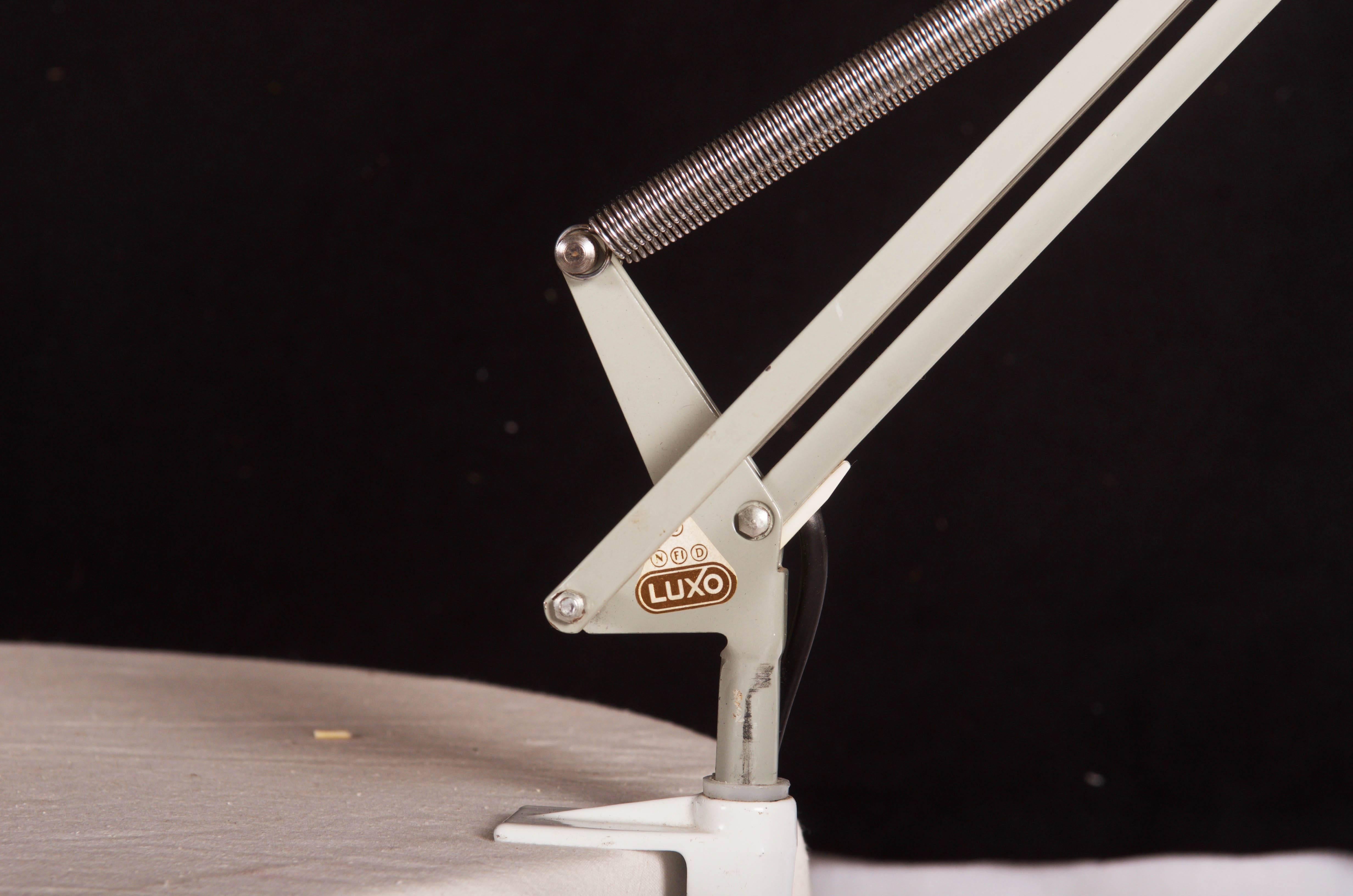 Scandinavian Modern Grey Desk, Table Lamp by Luxo For Sale