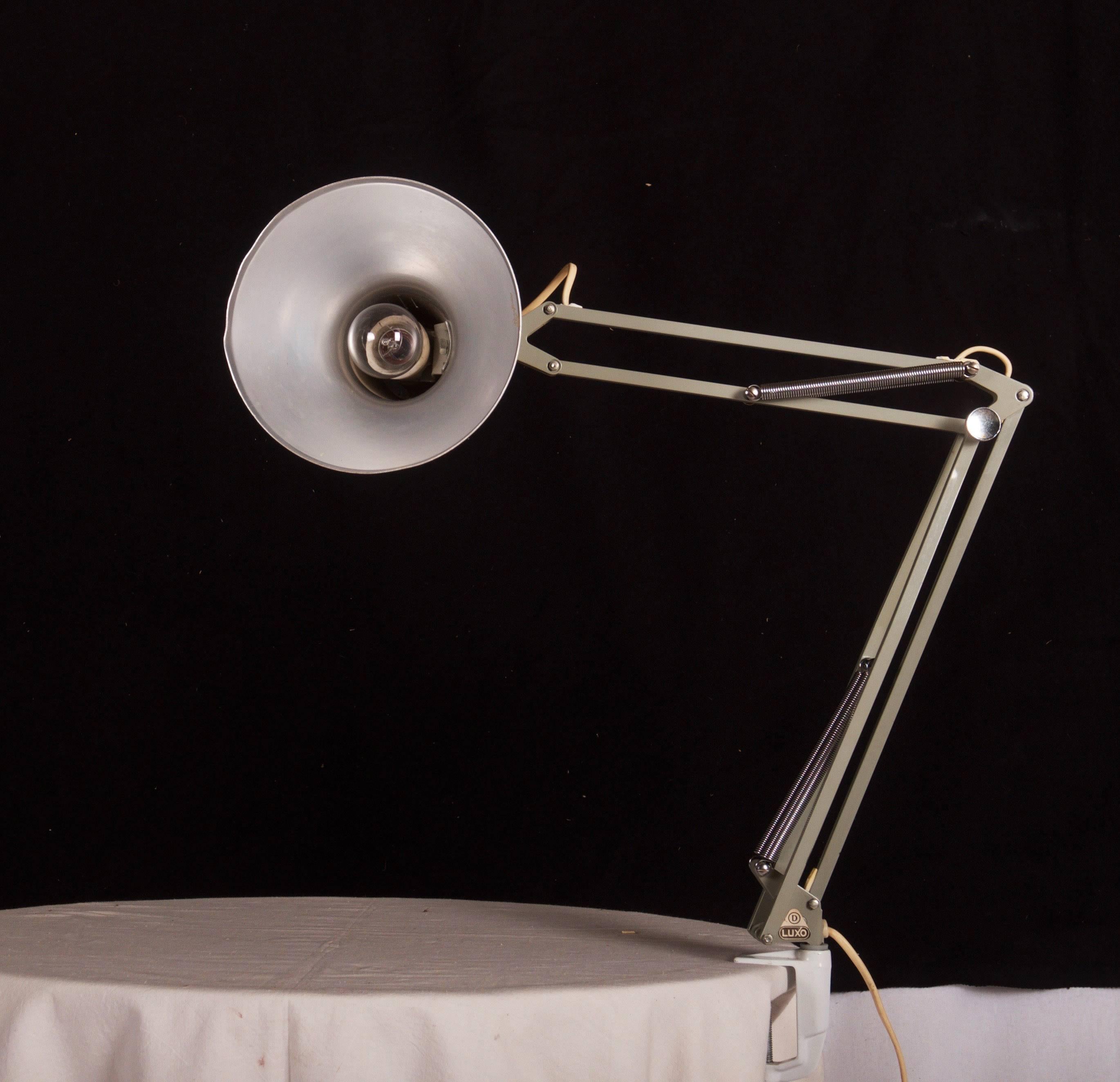 Lacquered Small Grey Desk, Table Lamp by Luxo For Sale