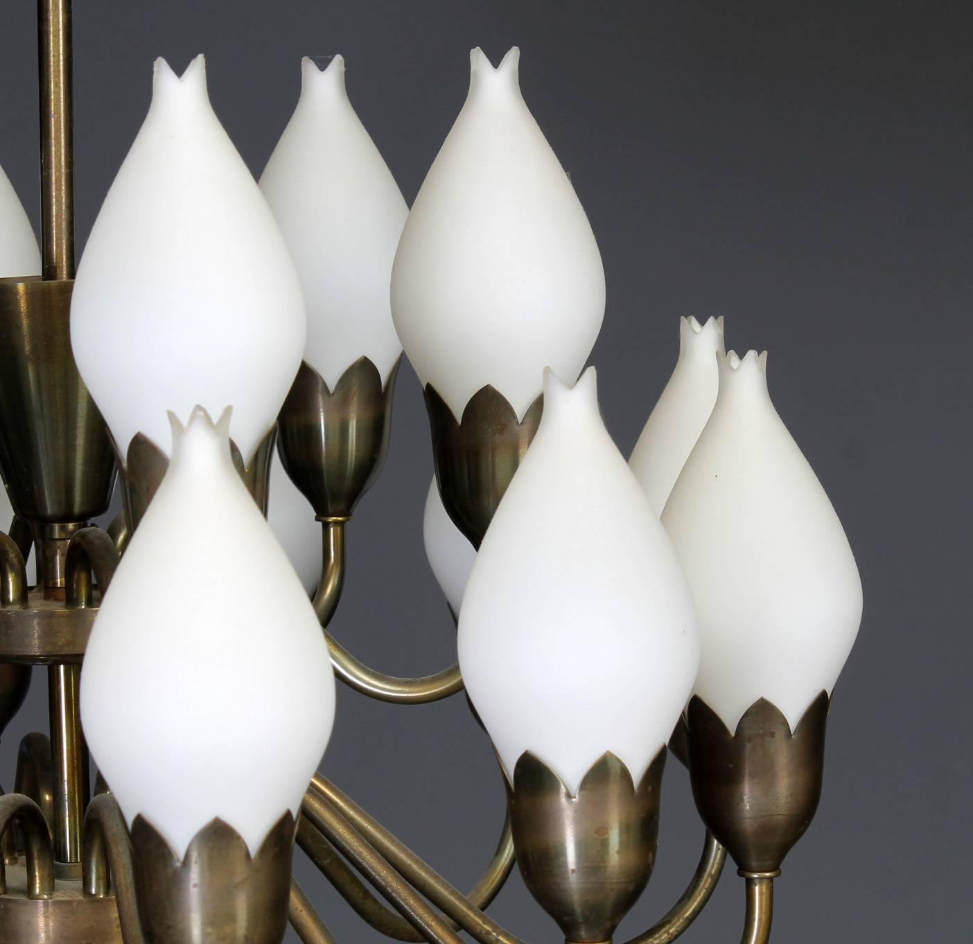 Patinated Beautiful Large Chandelier by Fog & Mørup with Hand Blow Glass Tulips