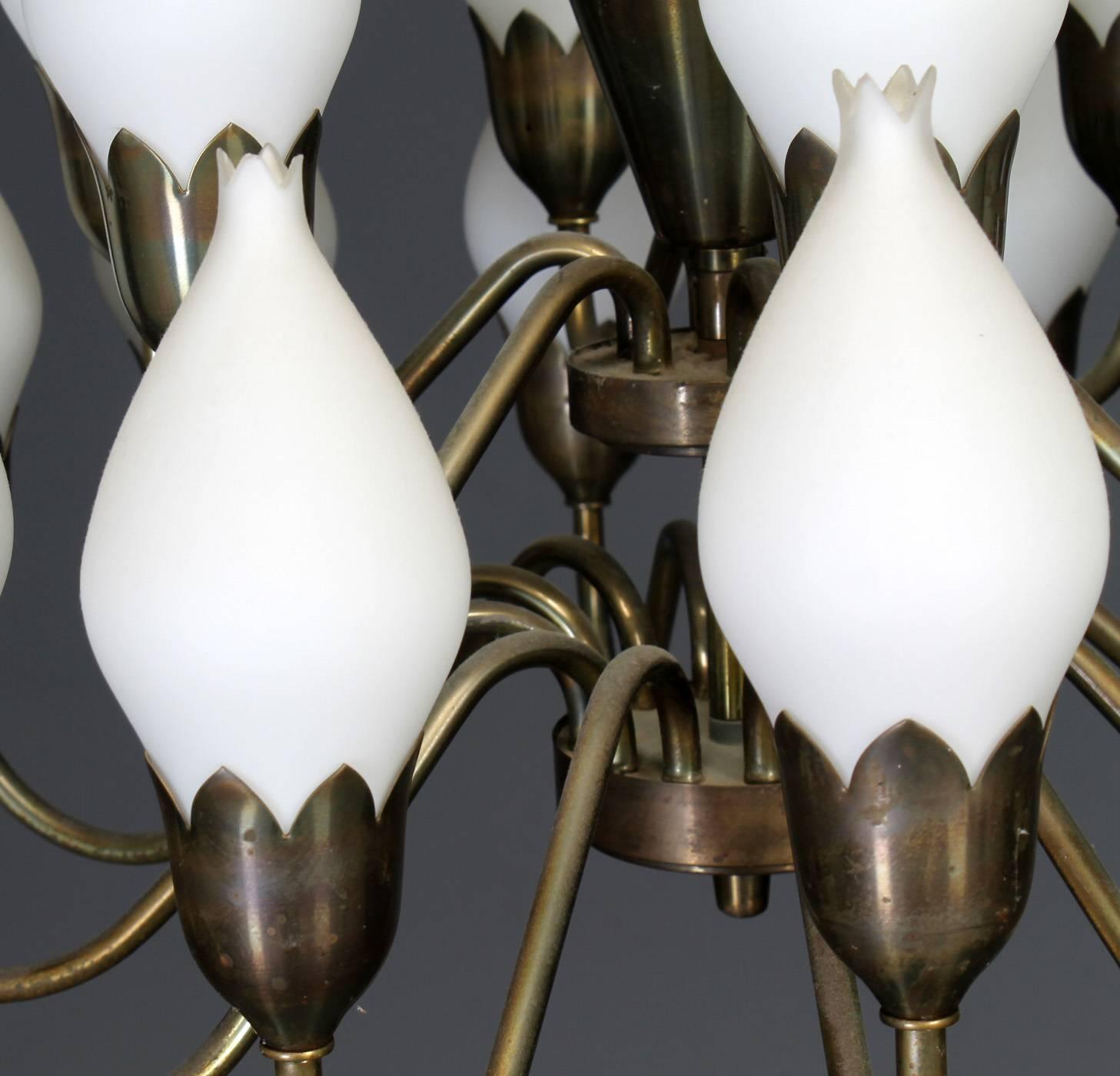 Brass Beautiful Large Chandelier by Fog & Mørup with Hand Blow Glass Tulips