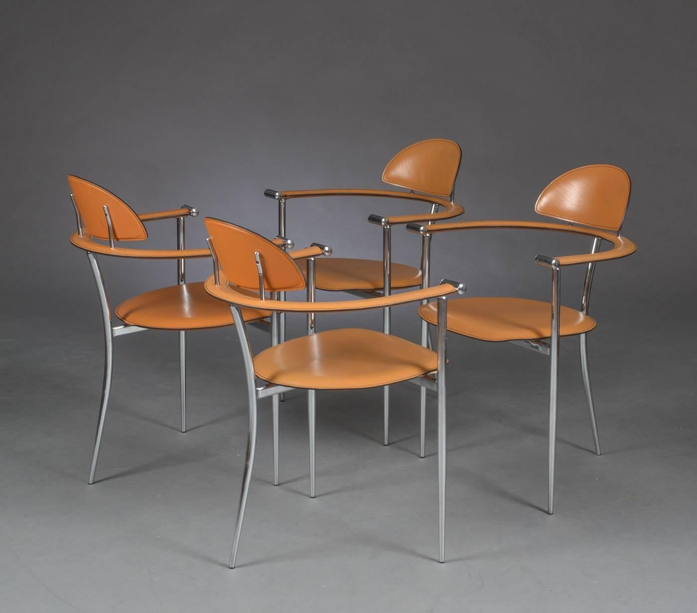 Arrben Italy armchairs, chromed metal frame, upholstered with patinated cognac leather. Seat height 46 cm. Produced by Arrben Design, Italy. 
Signs of wear, marks and wear.
Delivery item 2-3 weeks.
2 pieces available