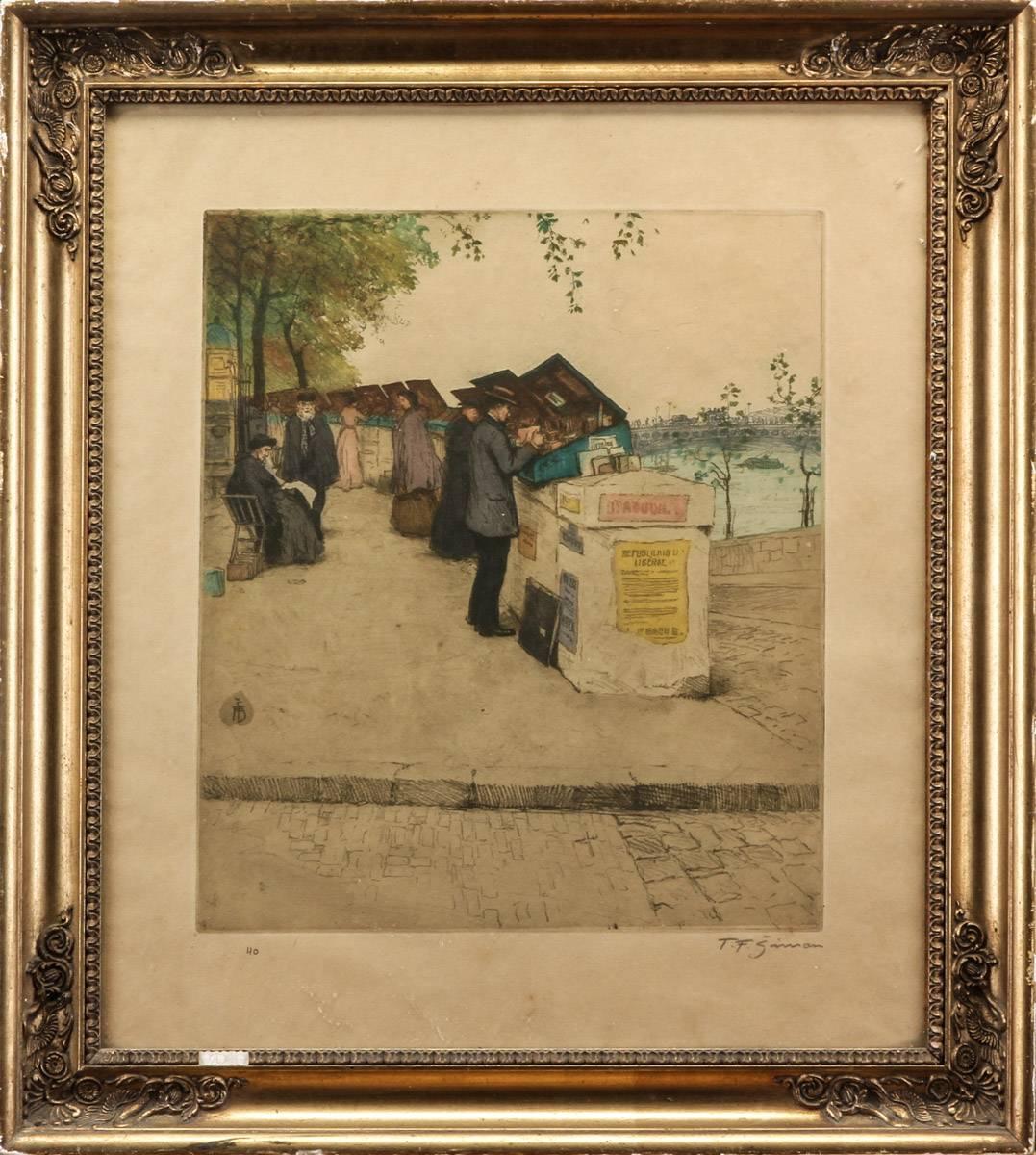 Tavik Frantisek Simon (1877-1942). 
Szene an der Seine, Paris. Farbige Radierung. 
Abmessungen: 
38 x 32 cm. (60 x 54) cm.