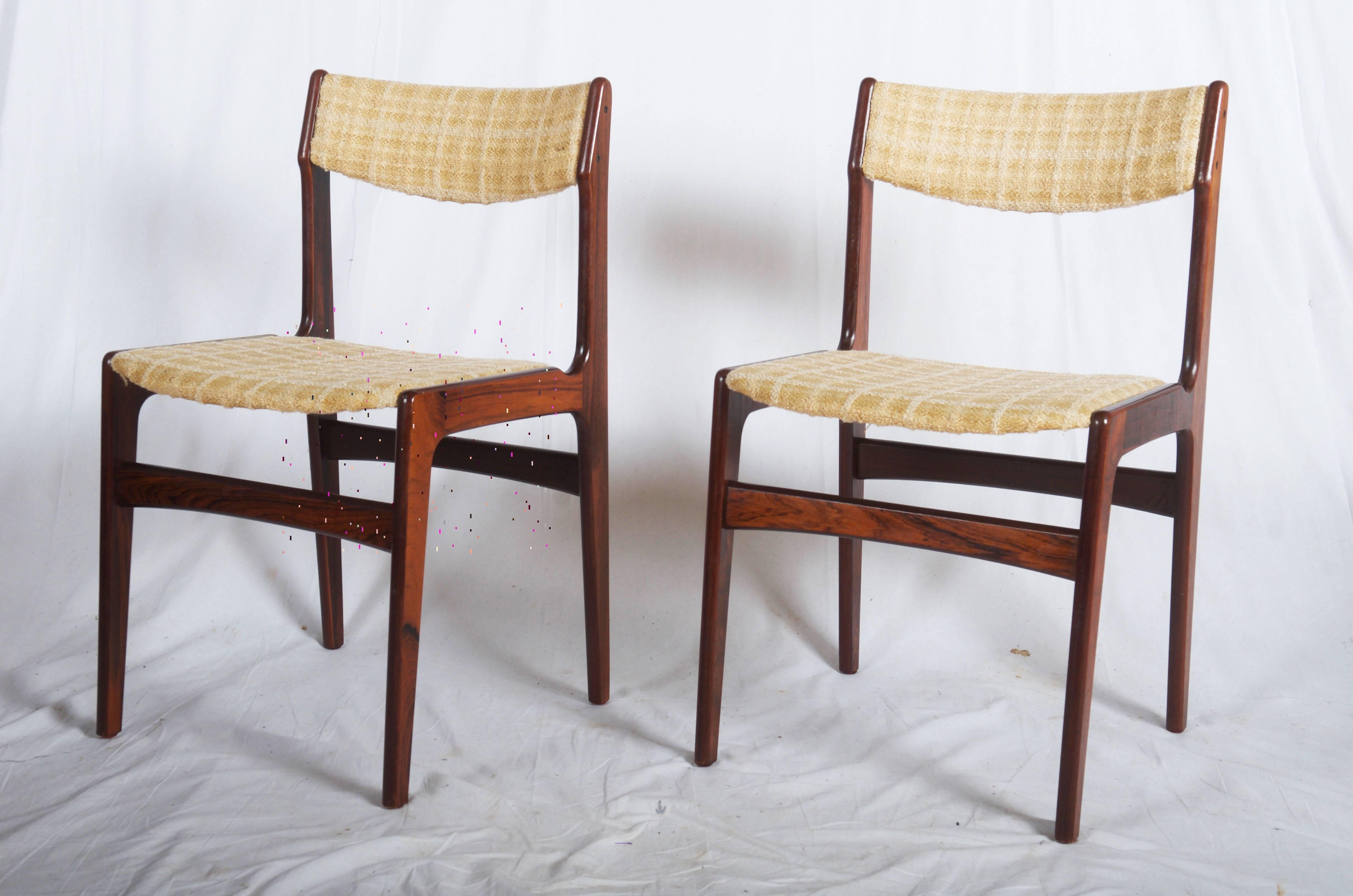 Set of six Danish dining chairs in hardwood veneer from the late 1970s, by unknown designer but very similar to model 49 by Eric Buck.
Padded seat and back. 
Chairs are unrestored, restoration and upholstery will be done before shipment.
Price for
