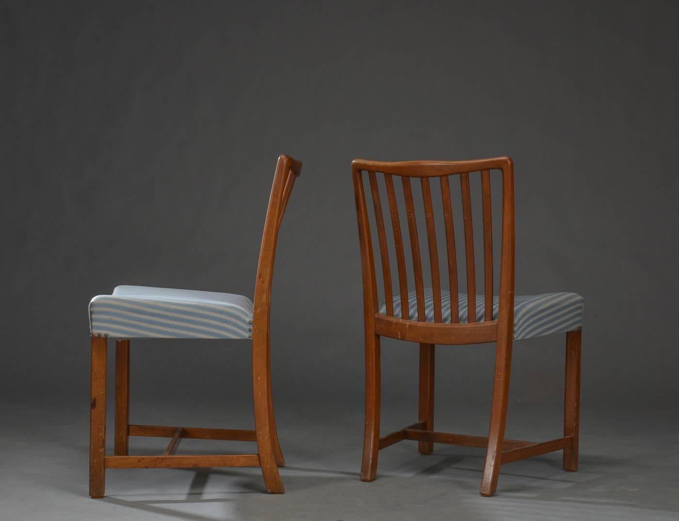 Six chairs made by Sondergaard Mobler in Denmark in the late 1940s.
The frame is made of Cuban mahogany, seat upholstered in striped fabric. 
Origianl condition, resoration on request.

H. 47/87, B. 50 cm. Normal traces of wear. wear, some