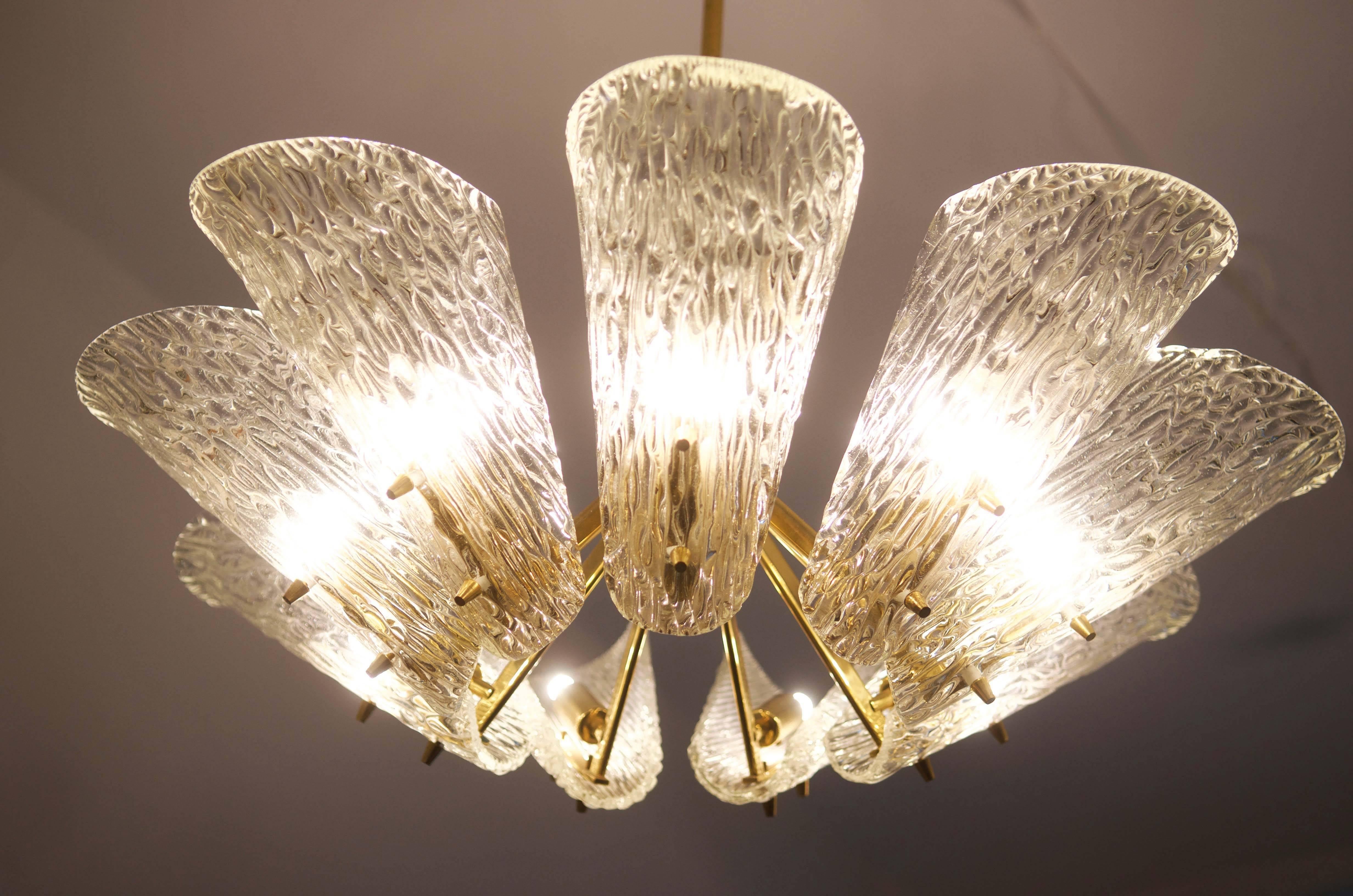 Austrian Beautiful Large Chandelier with Textured Glass by Kalmar For Sale